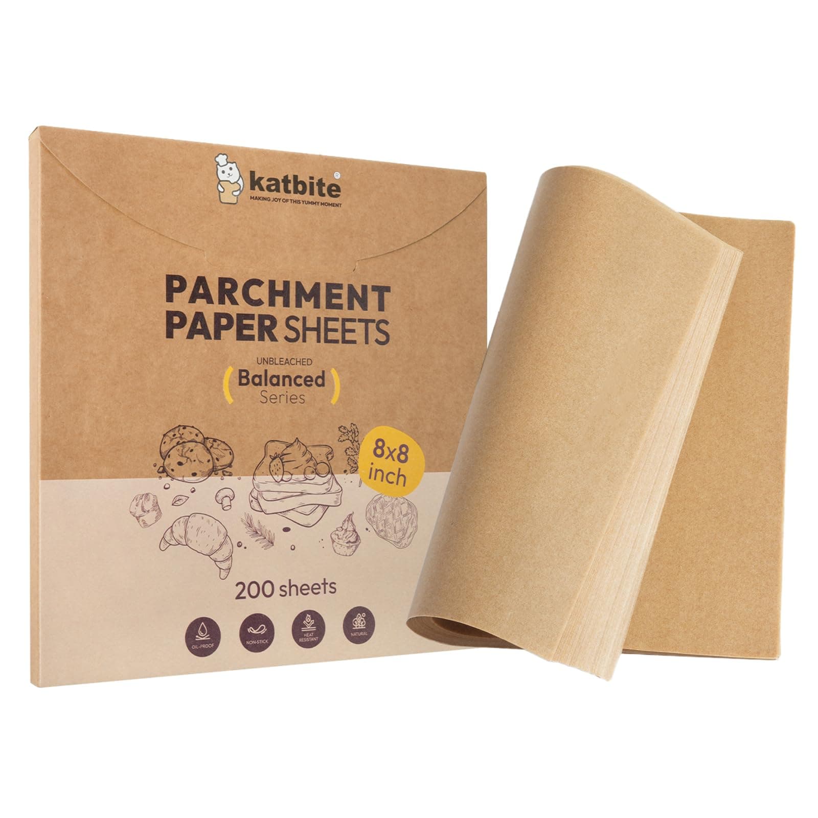 Katbite 200 Pcs Parchment Paper, 8 x 8 Inch Unbleached Baking Paper, Oil Resistant & Easy Clean, Non-Stick Precut Parchment Paper Sheets for Baking Square, Cooking, Air Fryer [Balance Series]