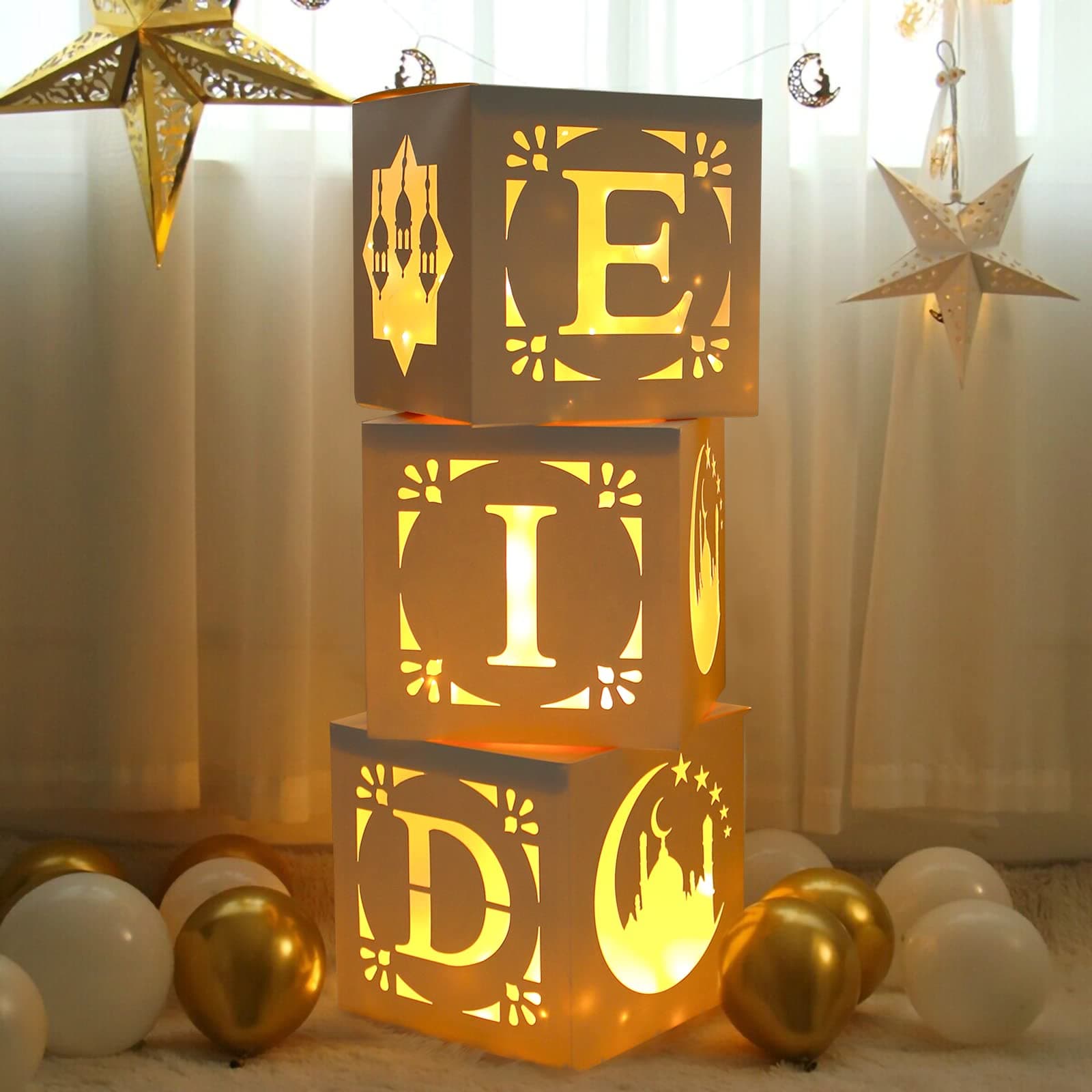 Eid Decoration Boxes with Light - 3pcs White Hollow-Out Paper Boxes with Warm Light String, Cultural Elements Box for Eid al-Fitr Decor al-Adha Festival Ramadan Mubarak Muslim Islamic Supplies
