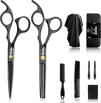 Sirabe 10 PCS Hair Cutting Scissors Set, Professional Haircut Scissors Kit with Cutting Scissors, Thinning Scissors, Comb, Cape, Clips, Black Hairdressing Shears Set for Barber, Salon, Home