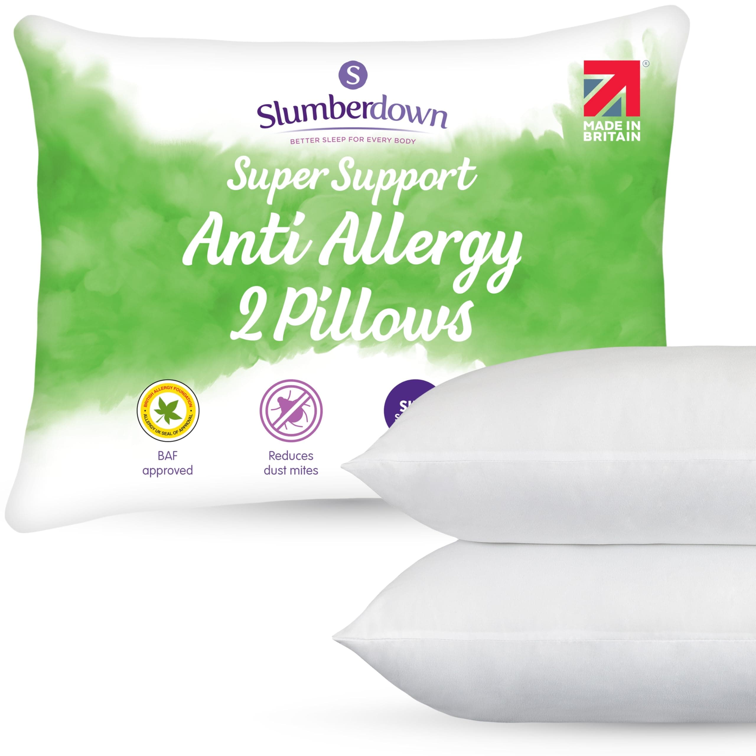Anti-Allergy Super Support Pillows - 2 Pack Dust-mite Resistant Firm Bed Pillow Neck Back Shoulder Pain Relief Side Sleeper - Anti Bacterial, Comfortable, UK Standard Size (48cm x 74cm)