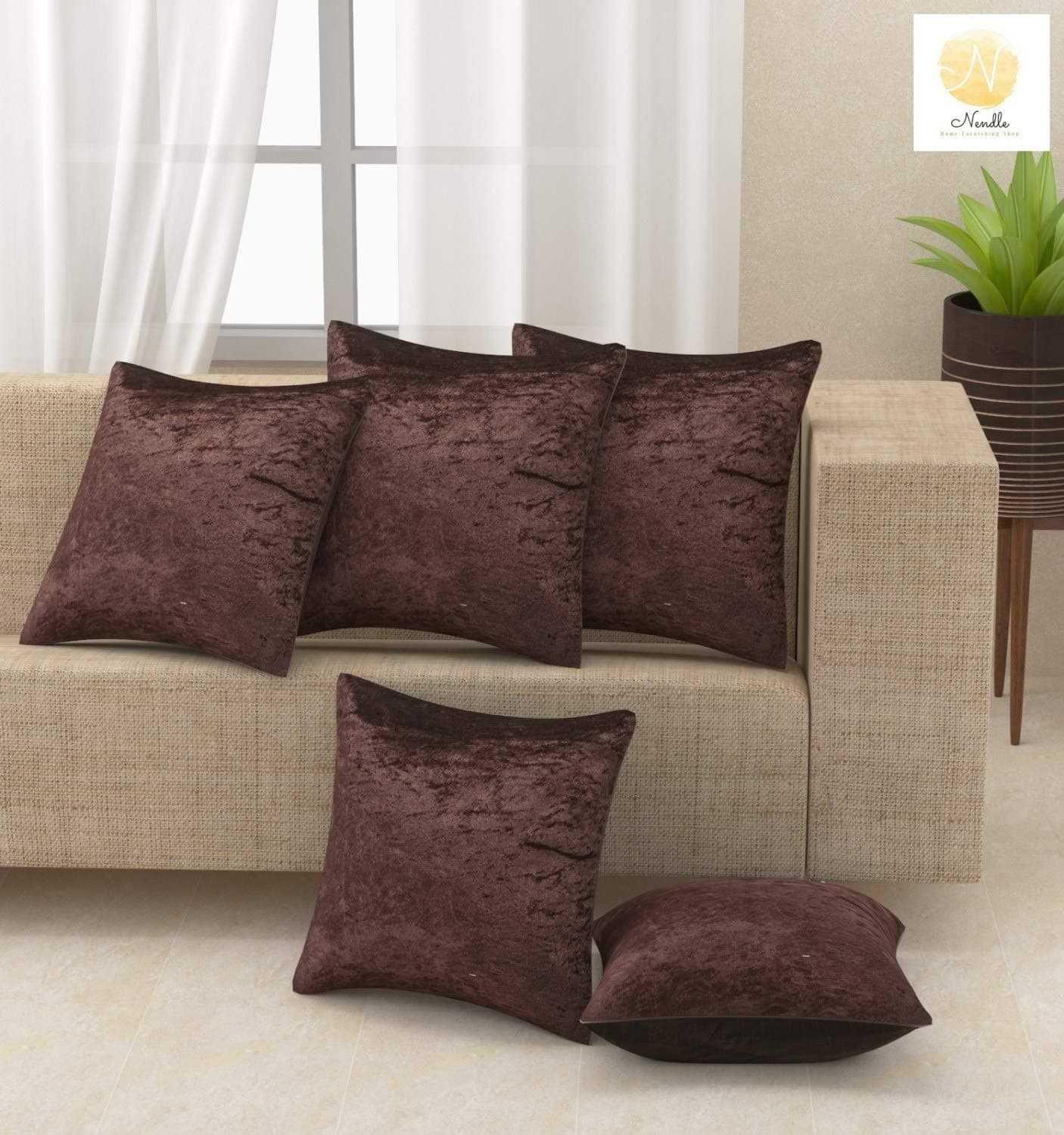 Nendle Velvet Plain Decorative Soft Texture Cushion Cover - Pack Of 5, 16X16 Inch | Soft Smooth Solid Fabric | Square Pillow Covers For Bed, Sofa, Office Chair & Seat, Home Décor (Dark Brown), 500 TC