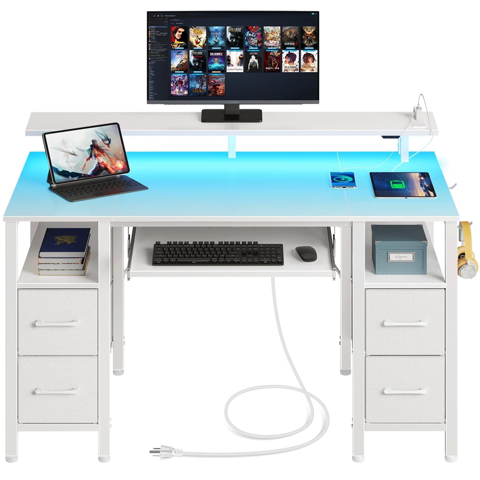 Seventable White Computer Desk with Drawers, Gaming Desk with Keyboard Tray, Office Desk with LED Lights & Power Outlets, 47 inch Writing Desk with Monitor Stand for Small Space