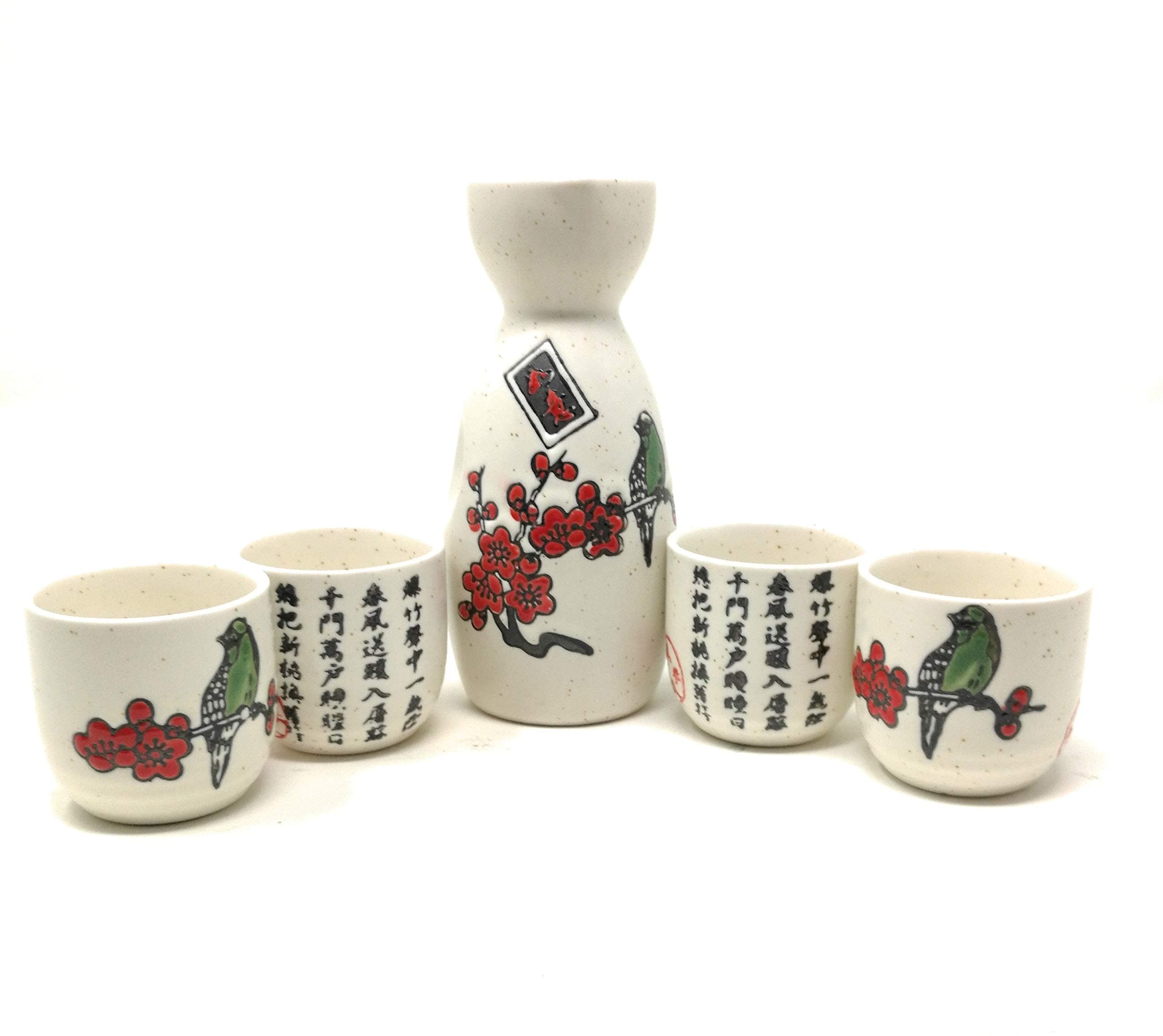 5-Piece Sake Set, Durable Ceramic Japanese Sake Set with 1 Carafe/Decanter/Tokkuri Bottle and 4 Ochoko Cups for Sake at Home or Restaurant - Cherry Blossom with Bird and Calligraphy
