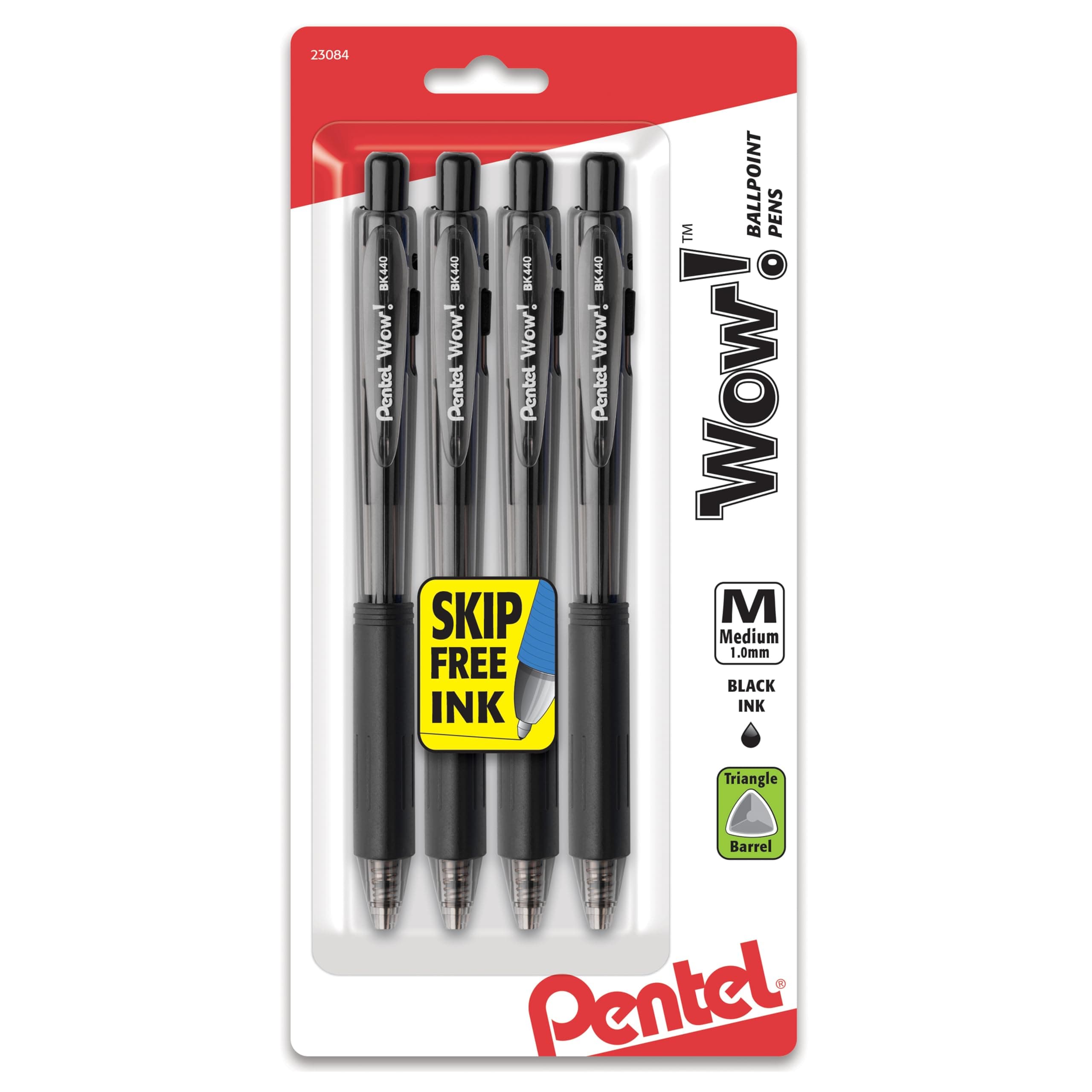 Pentel WOW! Retractable Ballpoint Pens, Medium Line, Black Ink, 4 Pack (BK440BP4A)