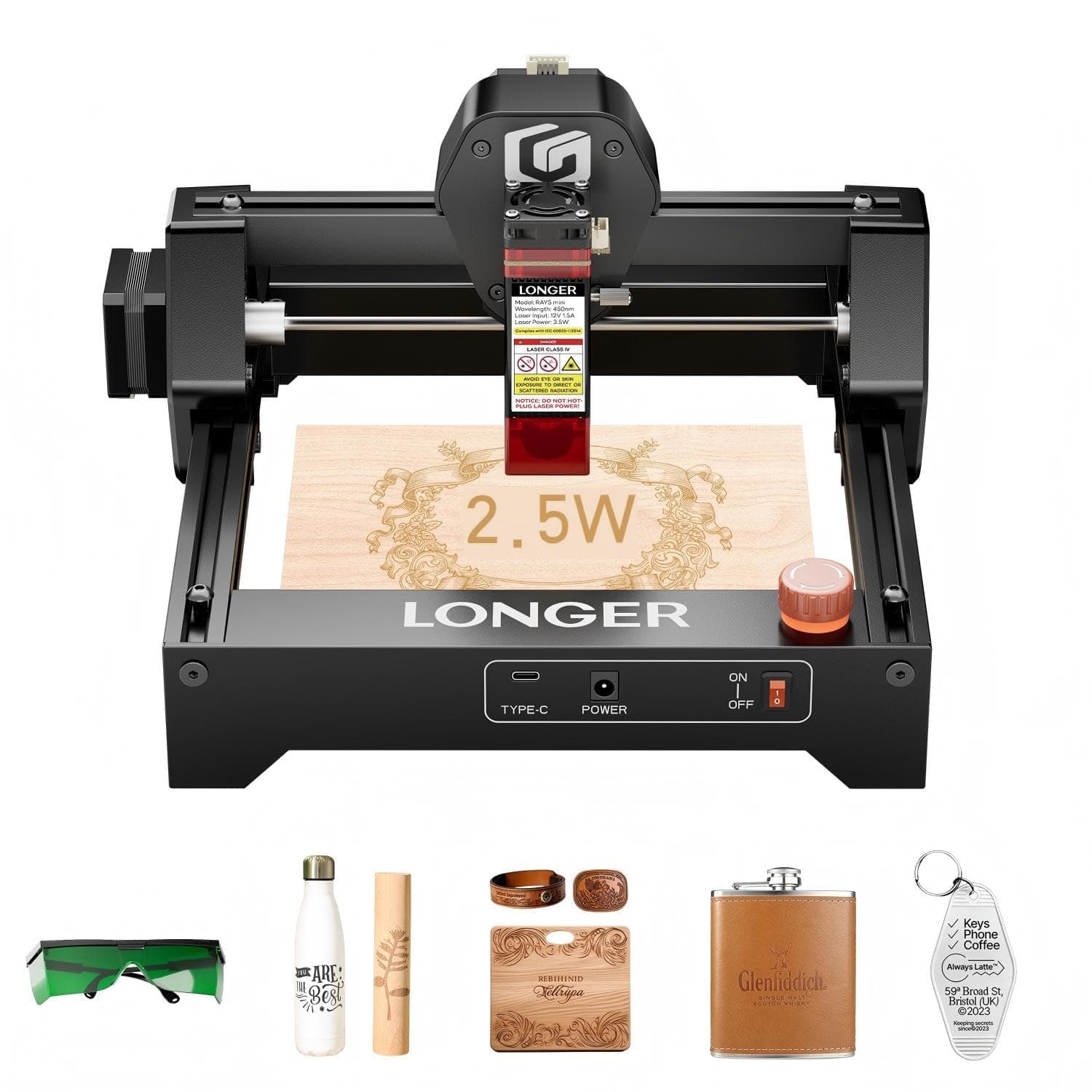 LONGER Ray5 mini Laser Engraver, Desktop Engraving Machine with WiFi Support, Up to 12,000 mm/min High Speed, for Wood, Acrylic & Leather, Emergency Stop, 2.5W Output Power