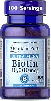 Premium Ultra Mega Biotin 10,000mcg, Dietary Supplement for Healthy Hair, Skin, Nails, and Energy Metabolism Support, 100 Day Supply, 100 Rapid Release Softgels