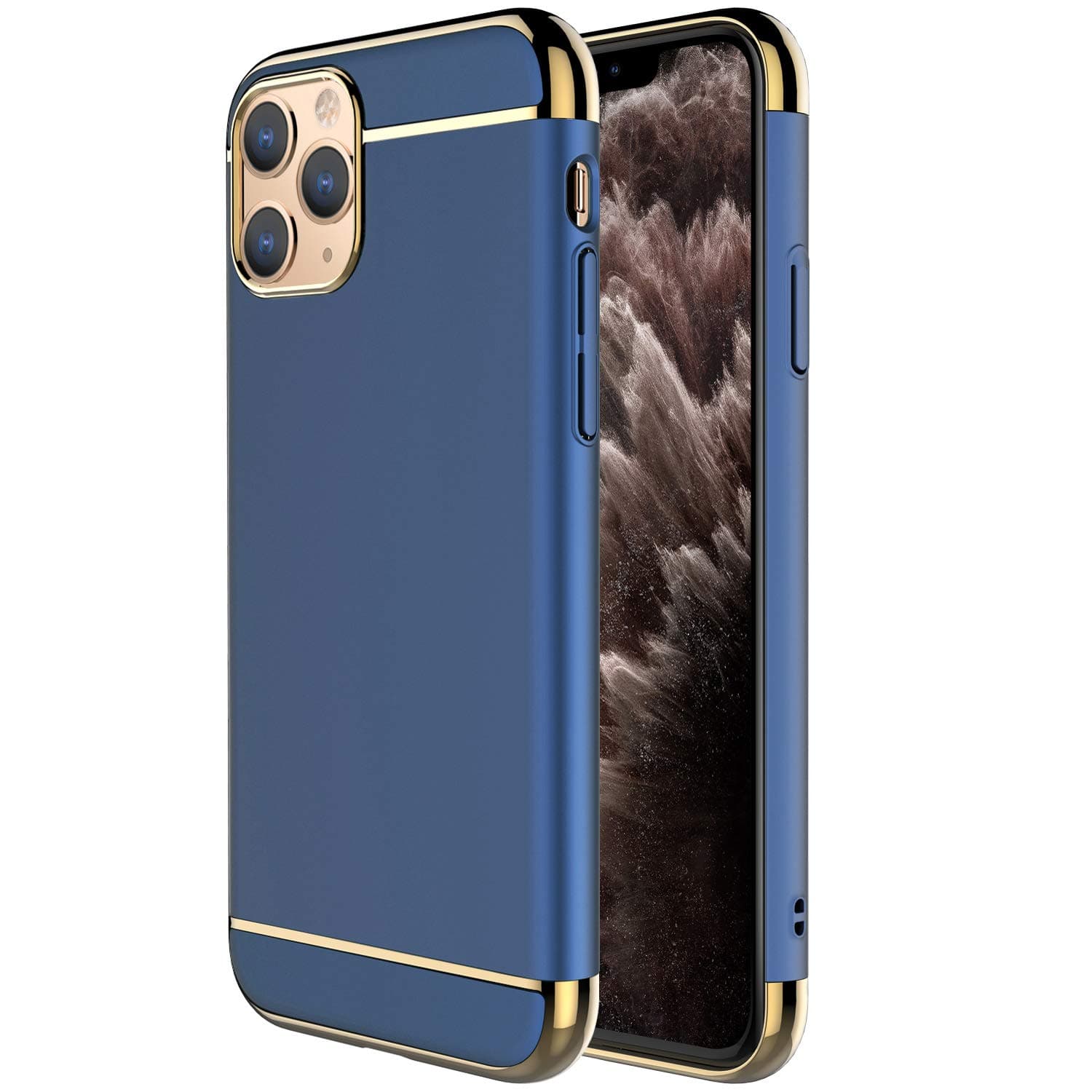 iPhone 11 Pro Max Case,RORSOU 3 in 1 Ultra Thin and Slim Hard Case Coated Non Slip Matte Surface with Electroplate Frame for Apple iPhone 11 Pro Max (6.5")(2019) - Blue and Gold