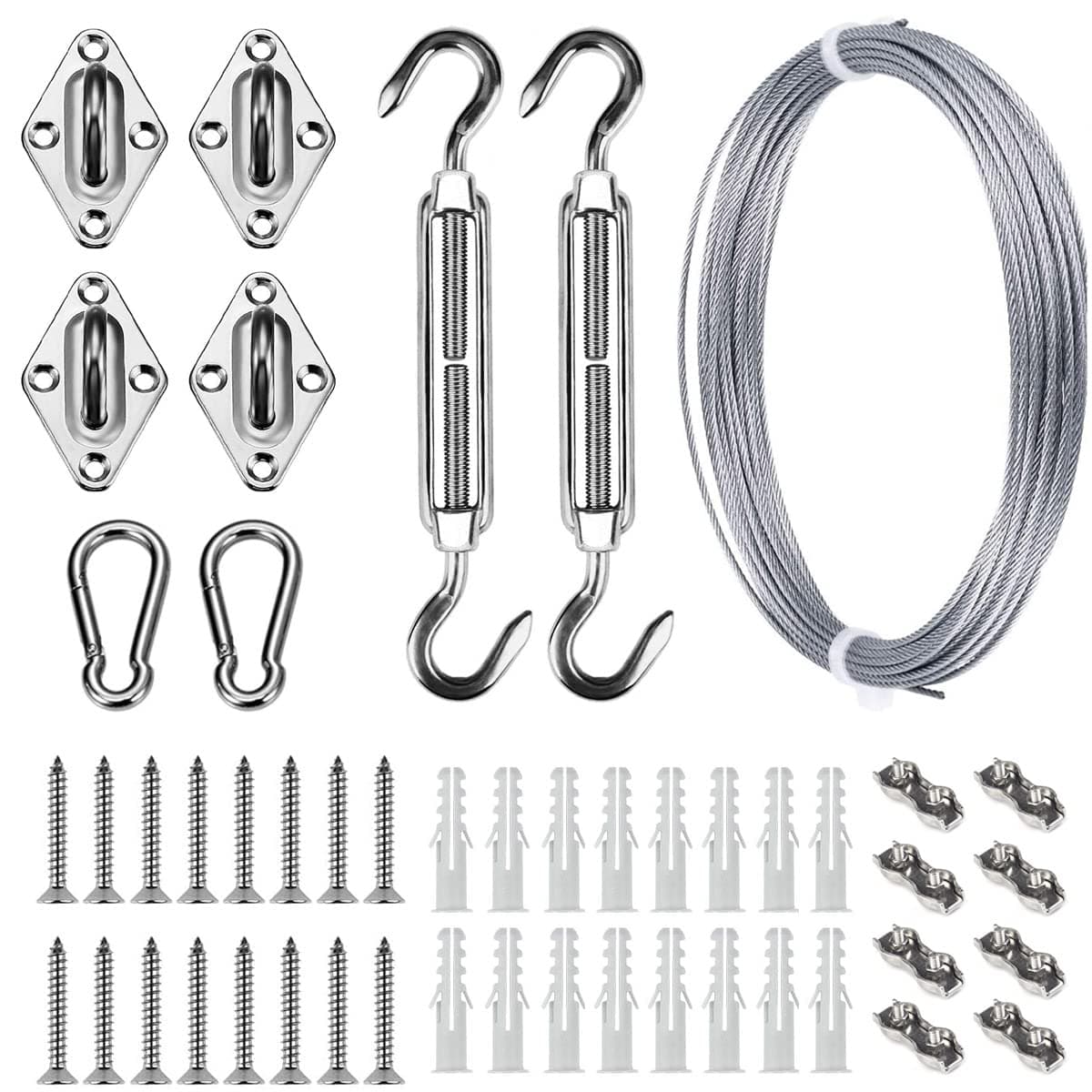 Sun Shade Hardware Kit for Rectangle and Square Sun Shade Sails Installation,5 inch Heavy Duty Anti-Rust Sail Shade Hardware Kit with 50 ft Cable Wire Ropes