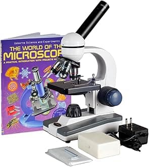 AmScope M150C-PB10-WM Compound Monocular Microscope, WF10x and WF25x Eyepieces, 40x-1000x Magnification, LED Illumination, Brightfield, Single-Lens Condenser, Coaxial Coarse and Fine Focus, Plain Stage, 110V, Includes 5 Blank Slides, 5 Prepared Slides, and Book
