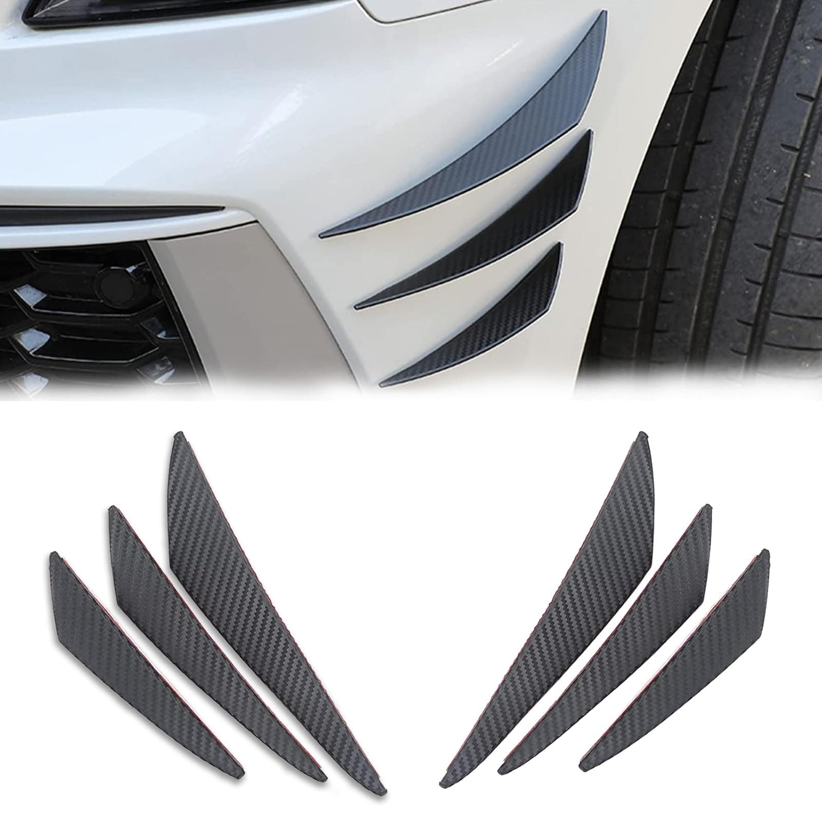Pack-6 Car Spoiler Canards Kit, Universal Auto Front Bumper Lip Splitter, Body Anti-Collision Diffuser, Exterior Soft Rubber Decorative Stickers (Carbon Fiber Black)