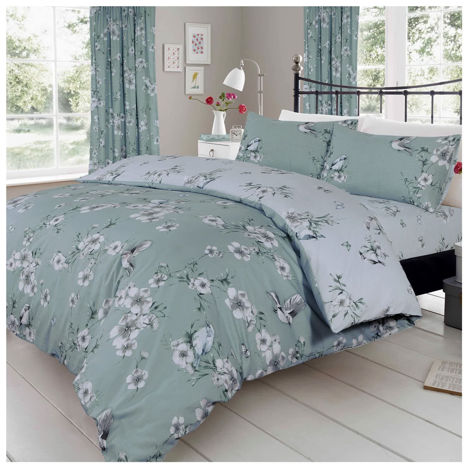 GC GAVENO CAVAILIA Flower Duvet Cover Double - Blossom Bedding Set With Pillowcase - Polycotton Fabric- Duck Egg