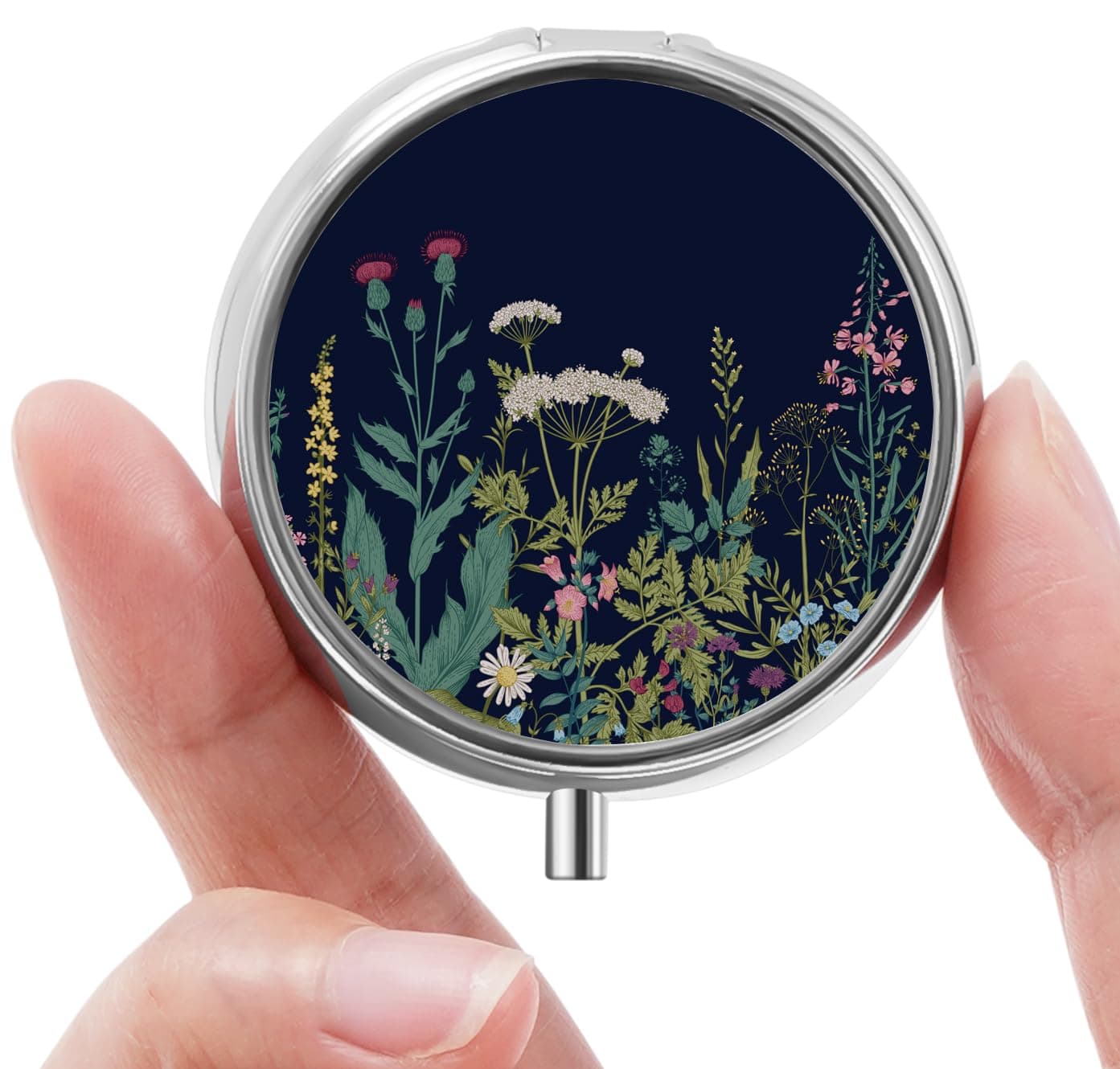 Mini Pill Box, Small Pill Box, Cute Pill Organizer for Vitamins, Medications, Fish Oil and Supplements (Black Flowers)
