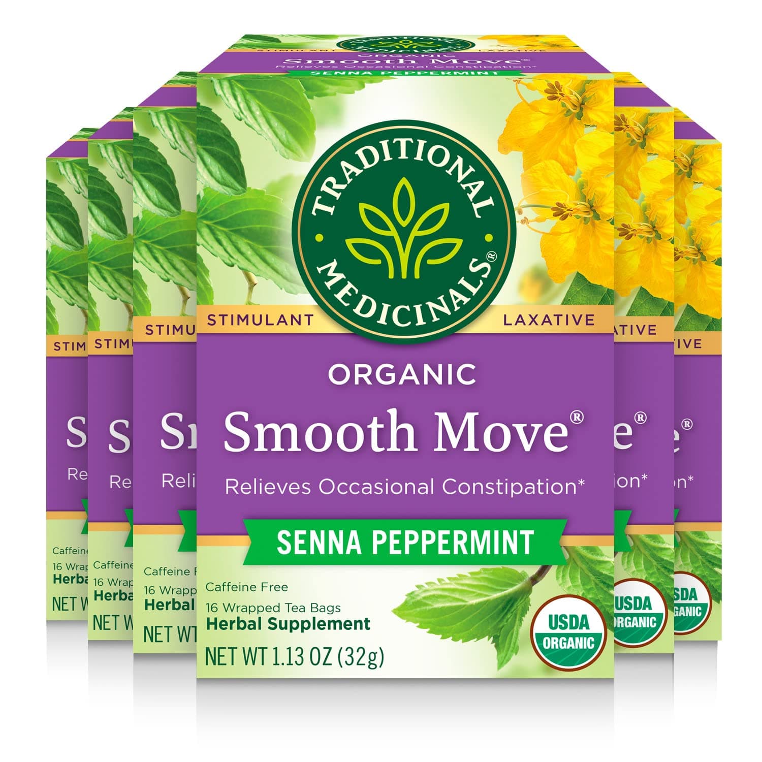 Tea, Organic Smooth Move Peppermint, Relieves Occasional Constipation, Senna, 96 Tea Bags (6 Pack)