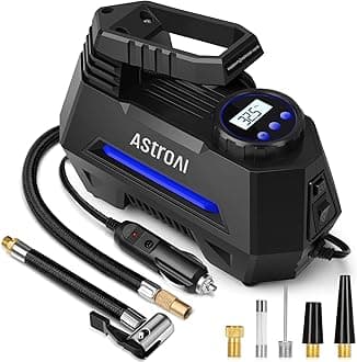 AstroAI Tyre Inflator Air Compressor 12V DC, 35LPM 100W Powerful Portable Car Tyre Pump Auto-Stop with Digital Pressure Gauge, 4 Valve Adaptors and LED Light, Car Accessories