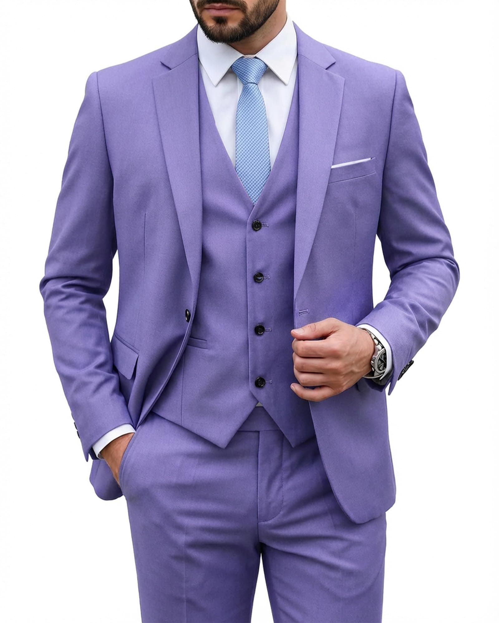 MY'S Men's 3 Piece Suit Set with Tie, One Button Slim Fit Solid Jacket Vest Pants, Prom Party Wedding Business Suits for Men