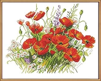 CaptainCrafts Cross Stitch Kits Stamped Cross Stitch Preprinted 14CT Fabric Cross Stitch DIY Art Embroidery Kits (Preprinted 14CT, Flowers are in Full Bloom)