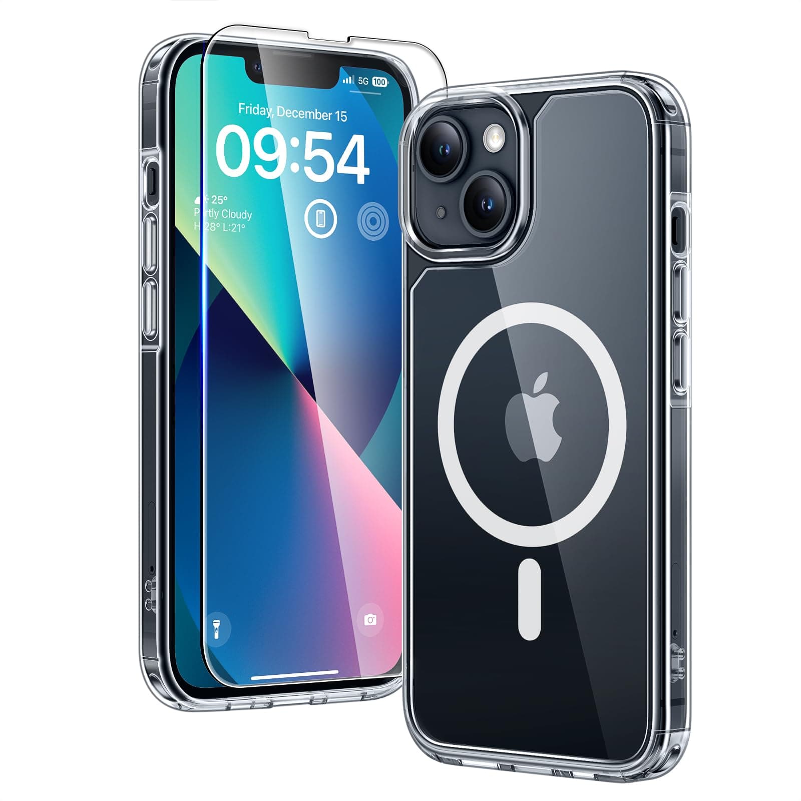 TAURI 2 in 1 Magnetic for iPhone 13 Case, [Compatible with MagSafe] [with 1X Screen Protectors] Not-Yellowing, Military-Grade Protection Slim Phone Case for 13 Cover, Clear, 6.1"