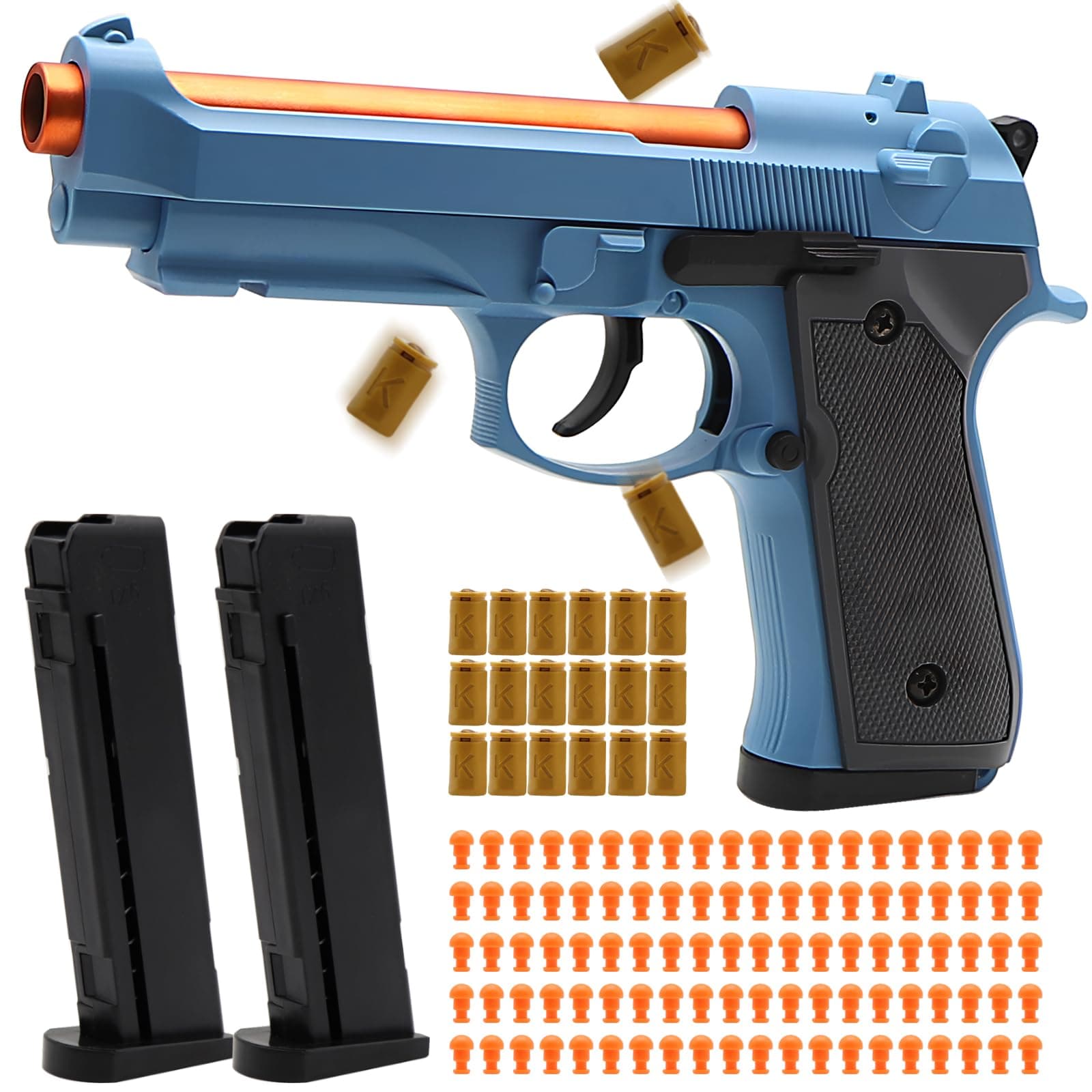 Bugrtey Blue Fidget Toy Gun, Automatic Shell Ejecting Toy Gun with 100 Soft Bullets, 18 Shells and 2 Magazines Toy Foam Blasters & Guns Fidget Toy, Christmas Birthday Gifts