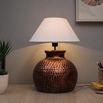 Homesake Antique Hammered Table Incandescent Lamp Oil-Rubbed Bronze Metal Linen Drum Shade For Living Room Family Bedroom, (Pot, White)