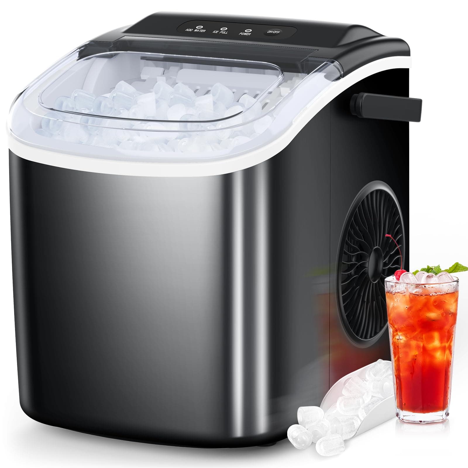 Ice Maker Countertop, Portable Ice Machine with Self-Cleaning, 26.5lbs/24Hrs, 9 Bullet Ice Cubes in 6 Mins, Ice Basket and Scoop, Ideal for Home, Kitchen, Bar, Camping