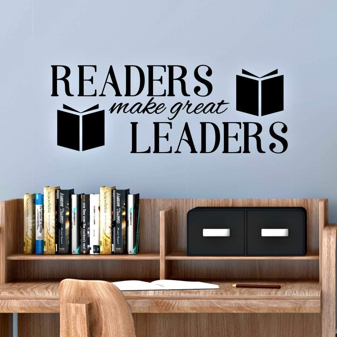 Readers Make Great Leaders Decal, Reading Corner Decorations, Classroom Wall Decor, Library Vinyl Stickers, 29"W x 10.5"H Black