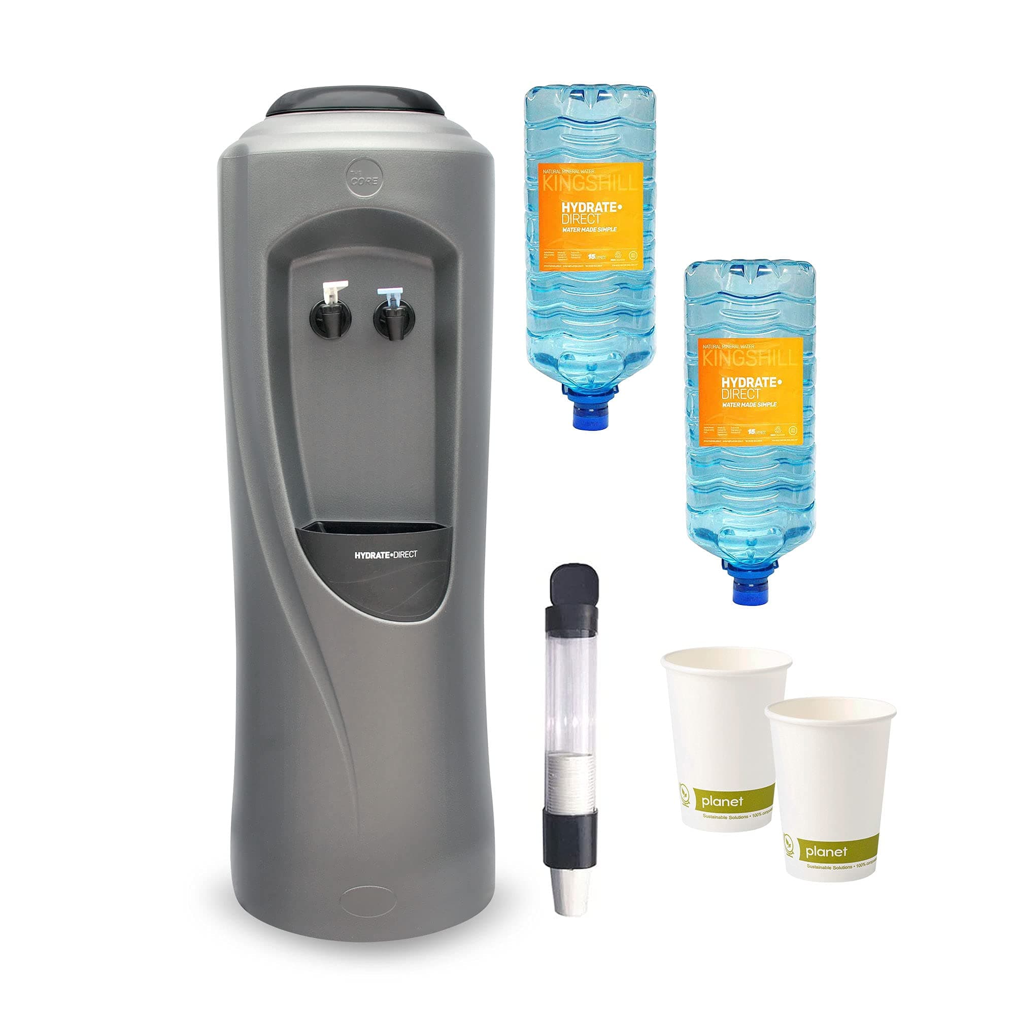 Hydrate Direct Core Water Cooler Package 2 | Water Dispenser Plus 2 x 15L Bottles of Natural Mineral Water, 1000 x Bio Cups and Cup Dispenser - Ambient & Cold Temperature, Grey/Black