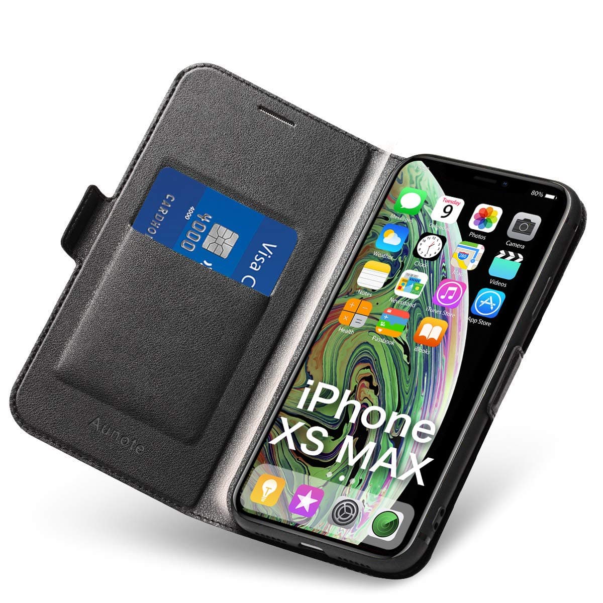 Aunote iPhone Xs Max Case Wallet, iPhone Xs Max Cases with Card Holder, Xs Max Case, Ultra Slim iPhone Xs Max Leather Case, Flip/Folio Phone Cover, (Hard PU + Soft TPU) Full Protection. Black