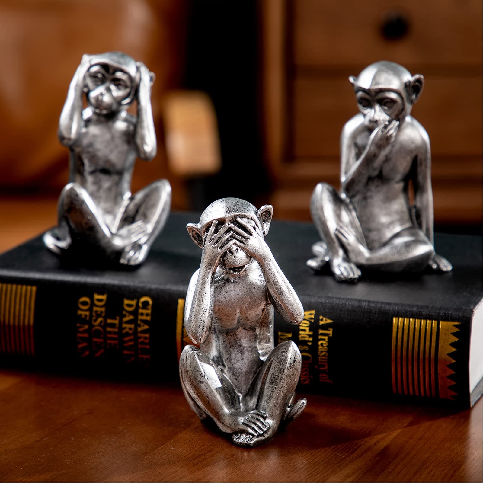 Leekung-3 Wise Monkeys Statue Hear No Evil See No Evil Speak No Evil Monkeys Statue for Home Decorations,Monkeys Figurines Home Decor Accents,See No Evil Figurines Monkey Statue Set of 3 Silver Color