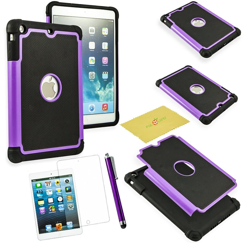 Fulland Hybrid Rubber Case with Stylus and Screen Protector for Apple iPad Mini 1/2 / 3 - Purple/Black