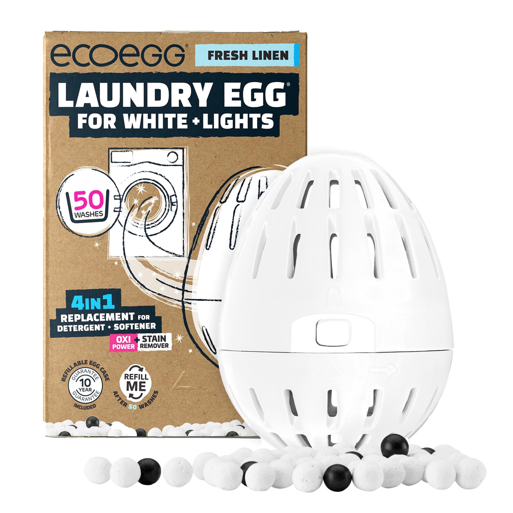 Ecoegg Laundry Egg for Whites + Lights | 4in1 Replacement for detergent, softener, oxi power + stain remover | Non bio | Sensitive Skin | 50 Washes | Fresh Linen