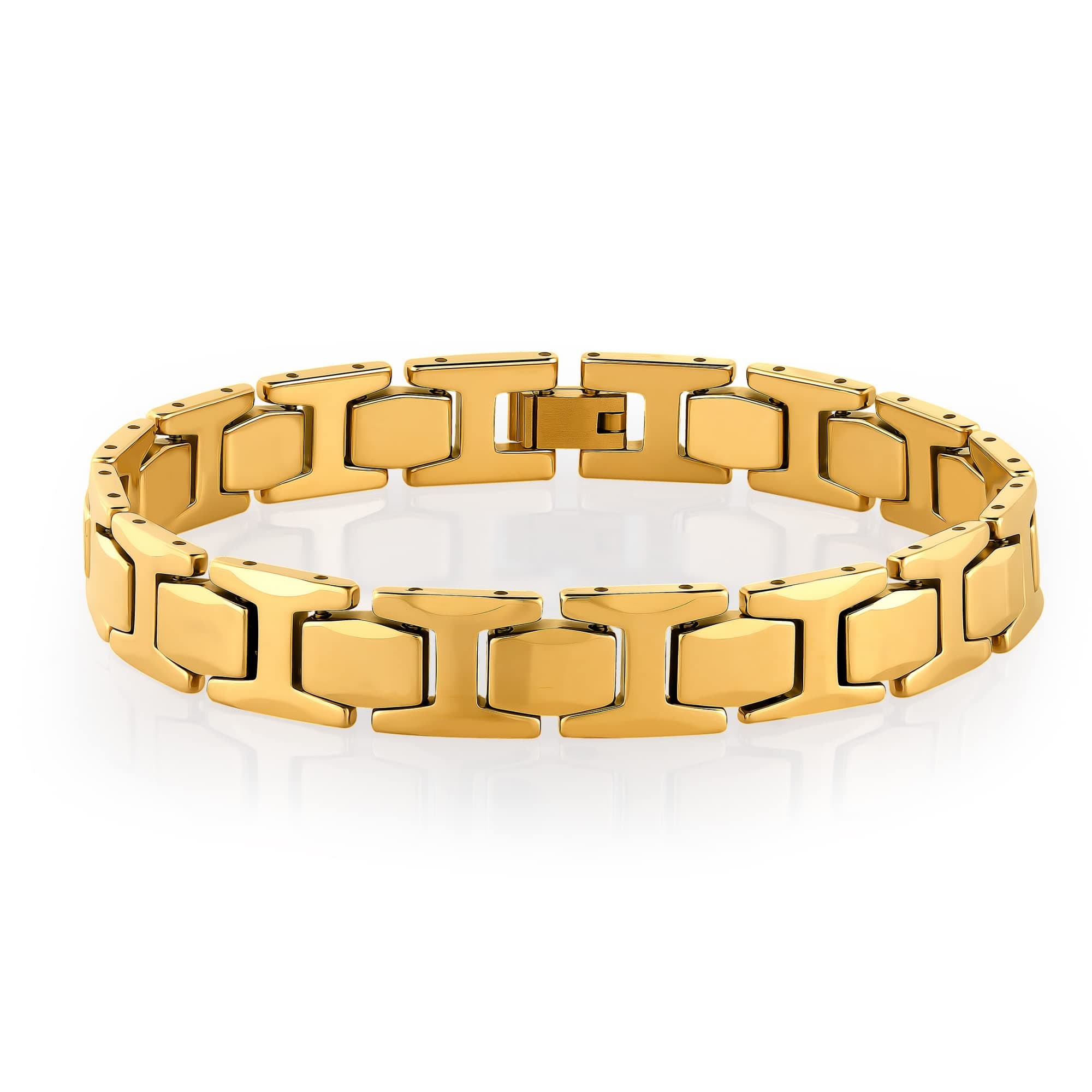 Stunning Solid Tungsten Link Bracelet for Men Polished Link, Puzzle, Ceramic Style (Silver,18K Gold Plated Option)
