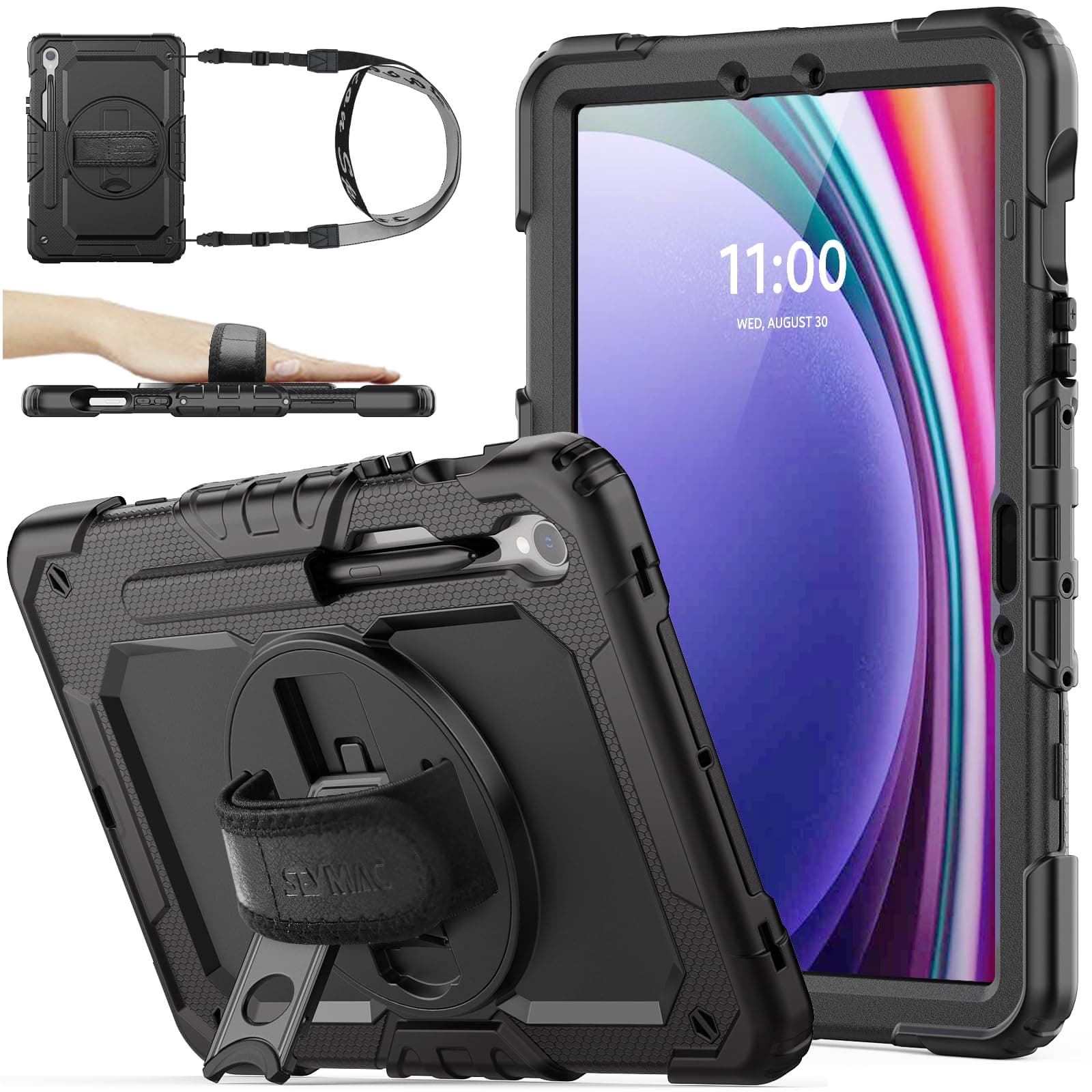 - SEYMAC stock Case for Samsung Galaxy Tab S10 Lite / S10 FE / S9 FE 5G / S9 Tablet Case 10.9''/ 11'' Protective with Screen Protector, Pen Holder, 360 Rotate Stand, Hand Strap, Shoulder Strap, Black1