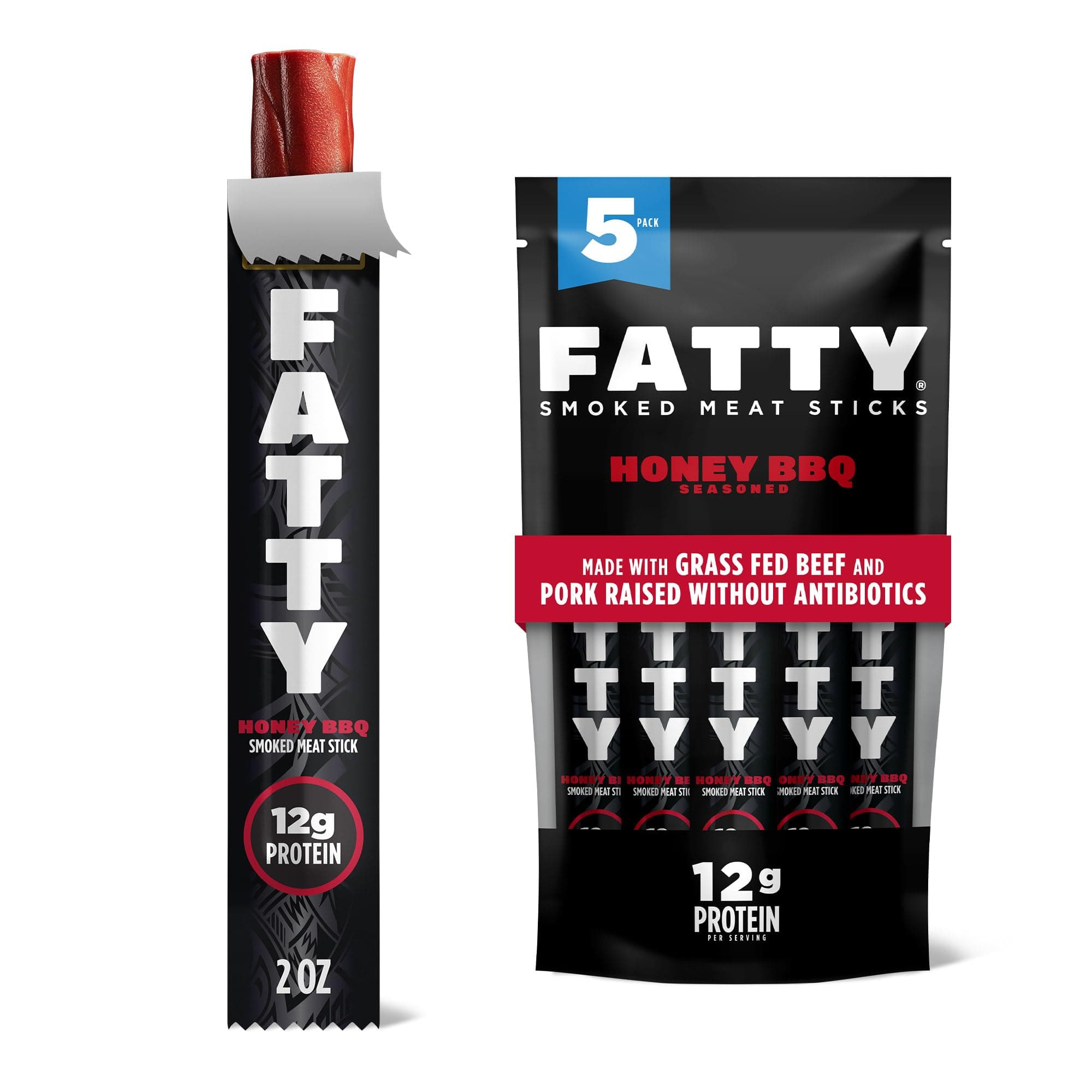 Meat Sticks, Made with Grass Fed Beef, Pork Raised Without Antibiotics, 11g Protein Per Stick, Honey BBQ, 2 oz. (Pack of 5)