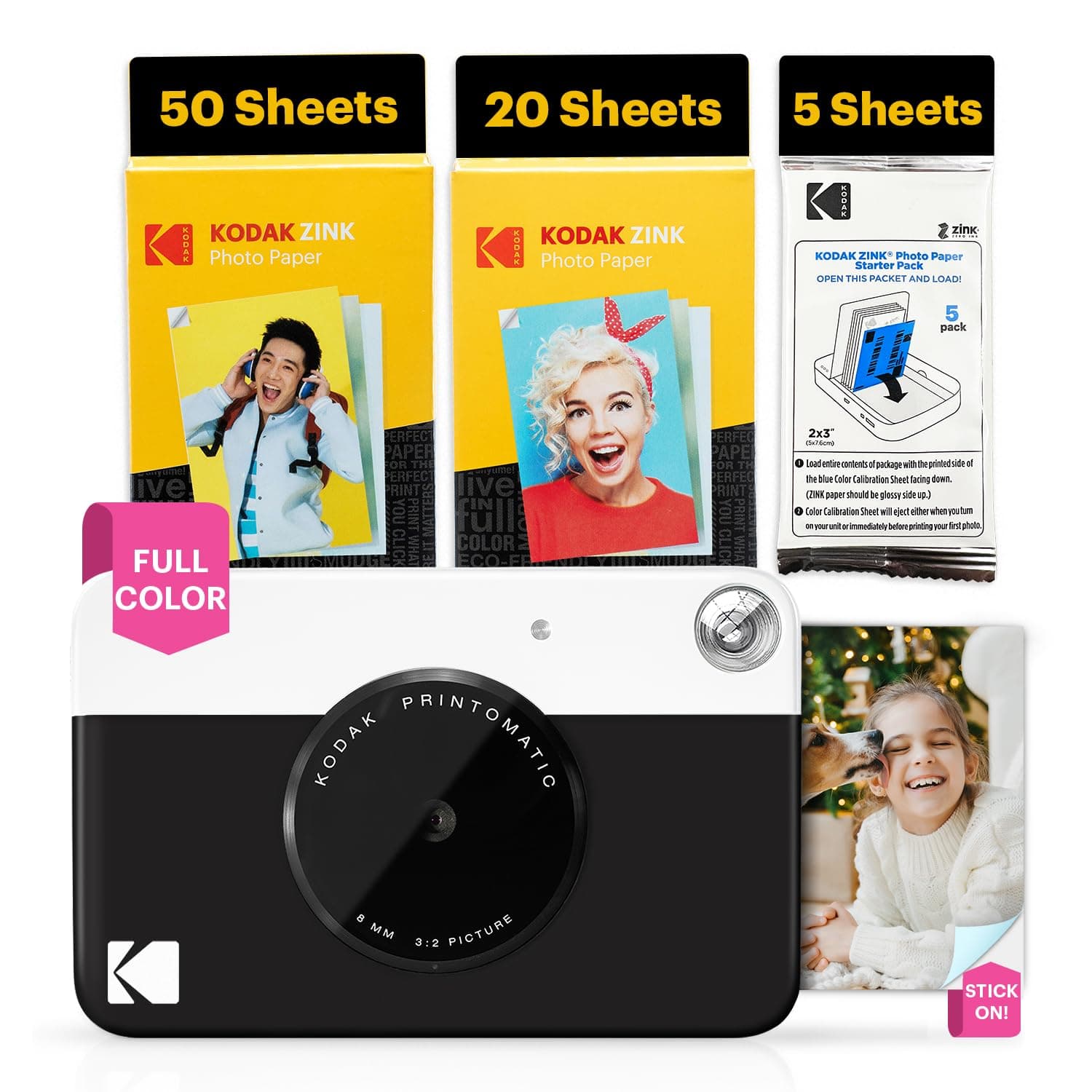 Kodak Printomatic Full-Color Instant Print Digital Camera - 75 Sheets Bundle - Prints On Zink 2x3 Sticky-Back Photo Paper - 5MP, Portable, Creative Fun Gift for Birthday, Christmas, Holiday - Black