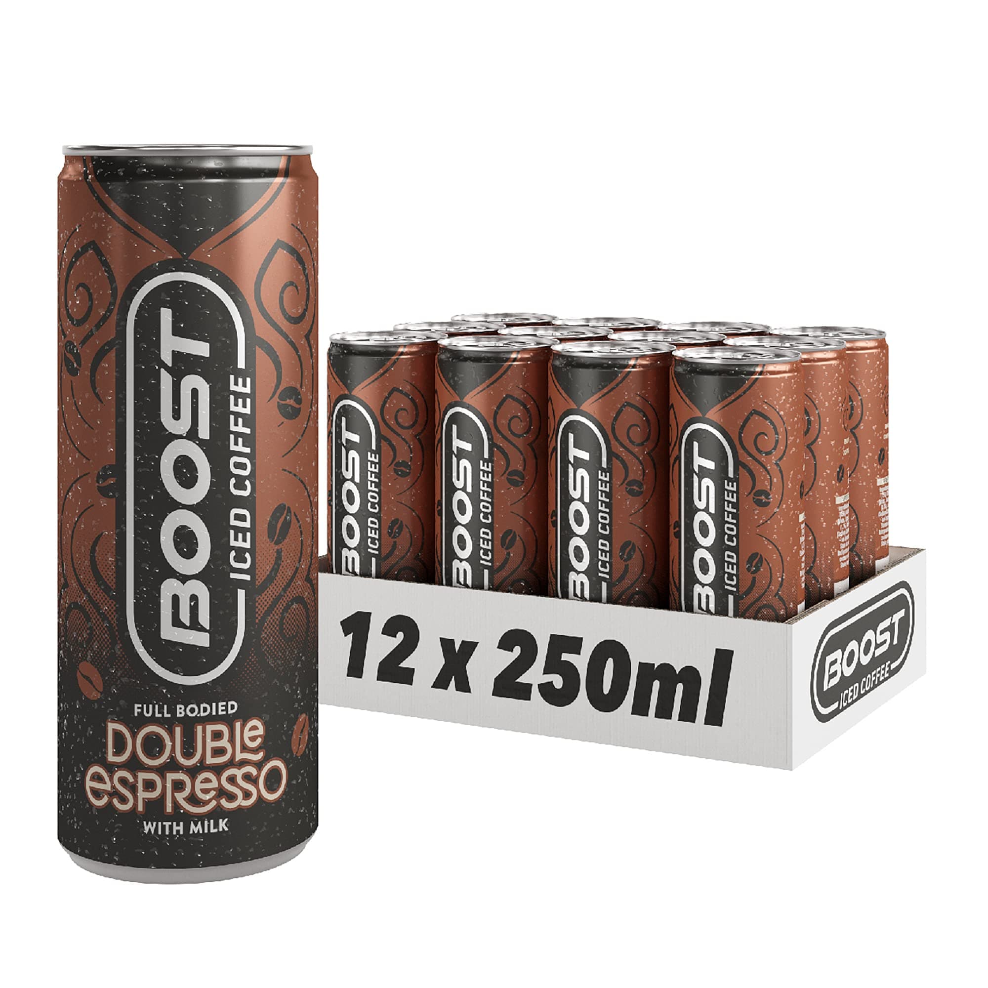 Boost Iced Coffee Double Espresso, 12 x 250 ml, Ready-To-Drink Cold Brew Coffee Drink, The Perfect Caffeine Boost, A Smooth and Mellow Blend of 100% Arabica and Robusta Beans with Milk
