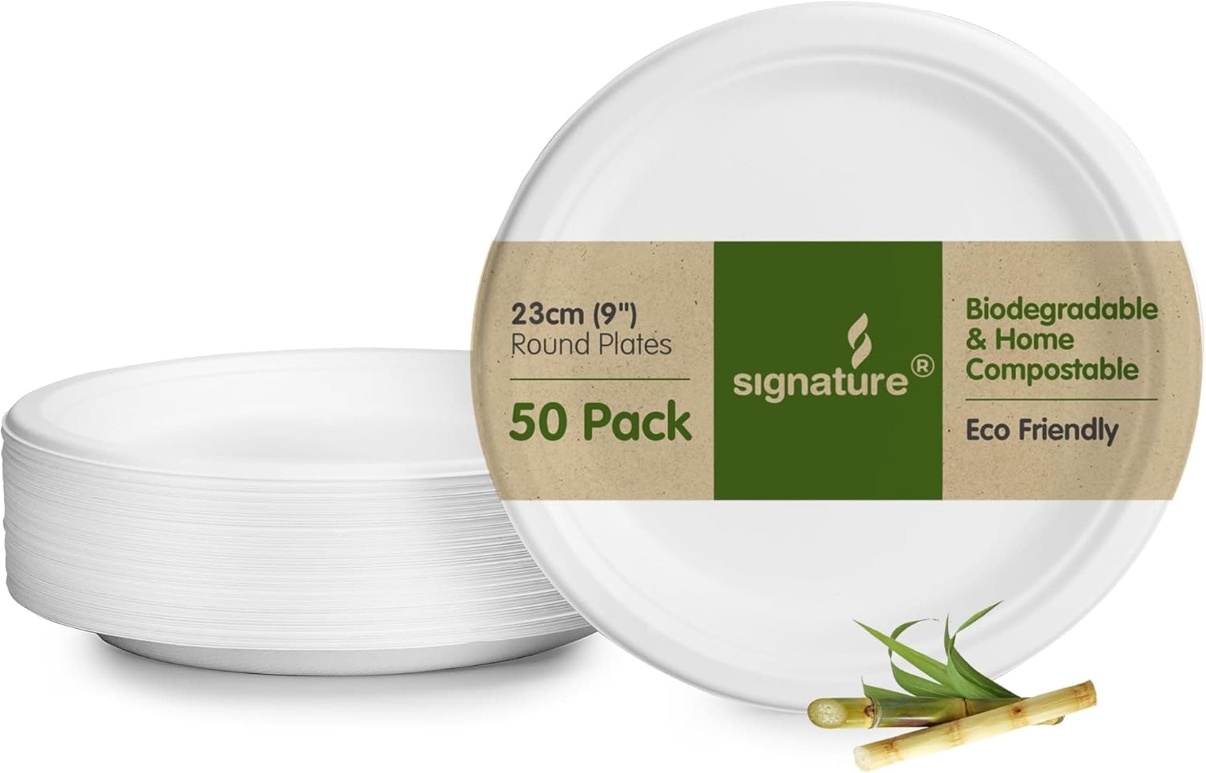Sturdy Round Paper Plates, Disposable and Biodegradable Dinnerware for Parties and Events, Eco-Friendly Compostable for Hot and Cold Food - Round 9” (24cm) 50 Plates per Pack