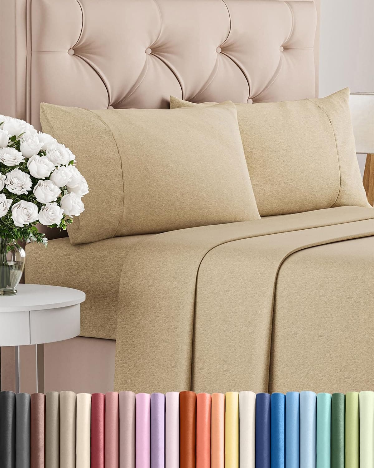 Queen Size 4 Piece Sheet Set - Comfy Breathable & Cooling Bed Sheets Set - Hotel Luxury Bedding for Women, Men, Kids, Teens, Boys & Girls - Deep Pockets, Soft & Wrinkle Free - Tan (Heathered Sheets)