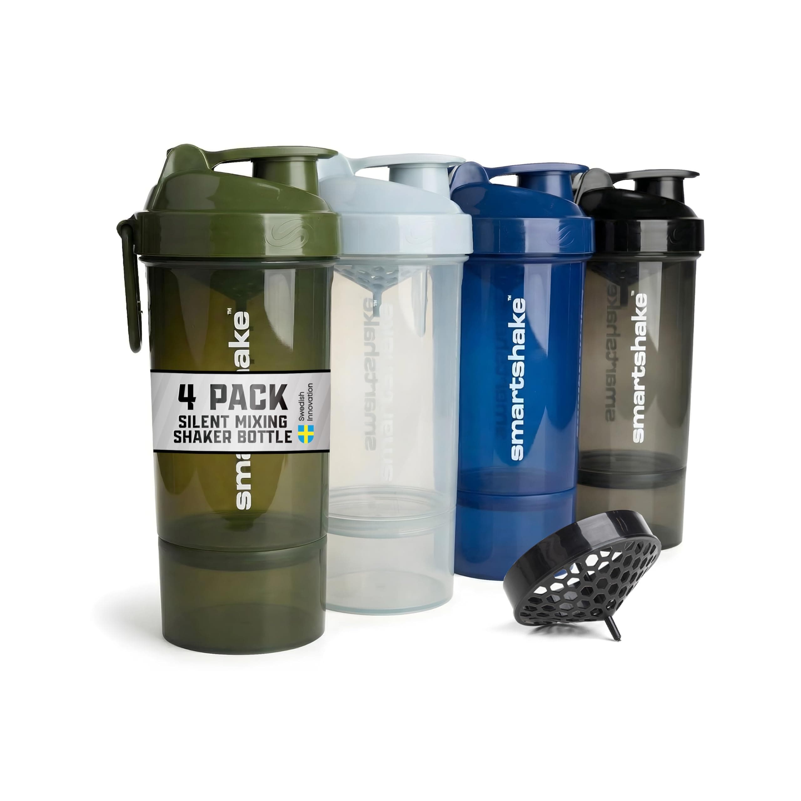 Smartshake O2GO ONE 4-Pack Protein Shaker Bottle 600 ml | 20 oz - Storage Included - Leakproof Screw-on Lid - BPA Free – Unisex - Mist Gray, Army Green, Black, Navy Blue