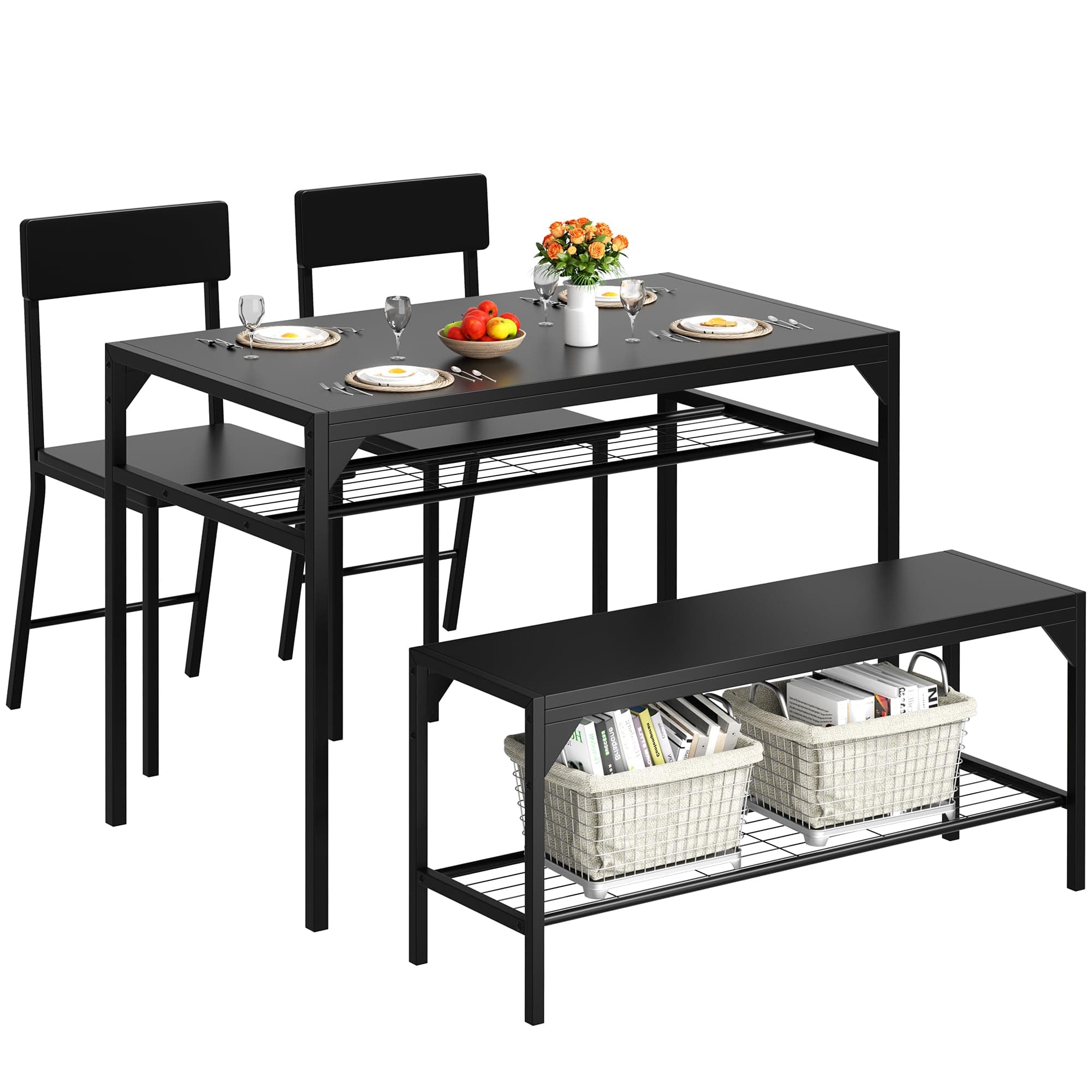 Shintenchi Dining Table Set for 4, Kitchen Table Set with Bench and Chairs, 4 Piece Dining Room Table and Chairs Set with Storage Rack & Metal Frame for Small Space, Black