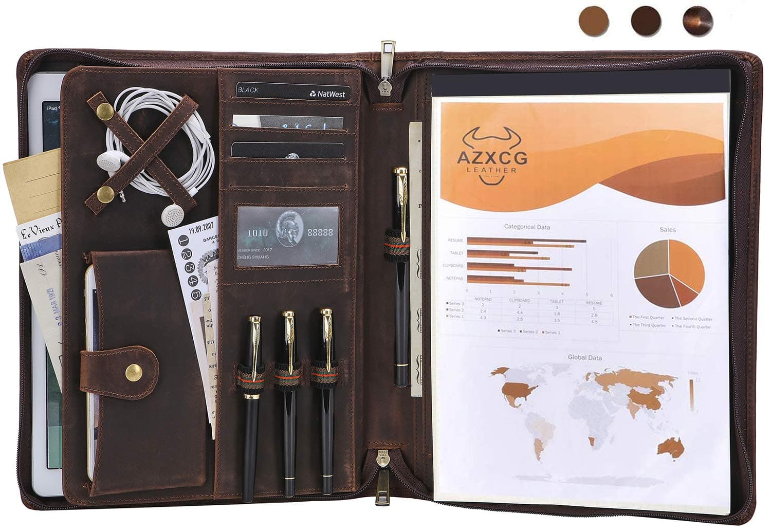 Free Engraved Name, Personalized Leather Padfolio, Custom Portfolio Folio with Double Zipper, Business Document Organizer with A4 Notepad Holder, Handmade Gifts for Women/Men, Customized, Dark Brown