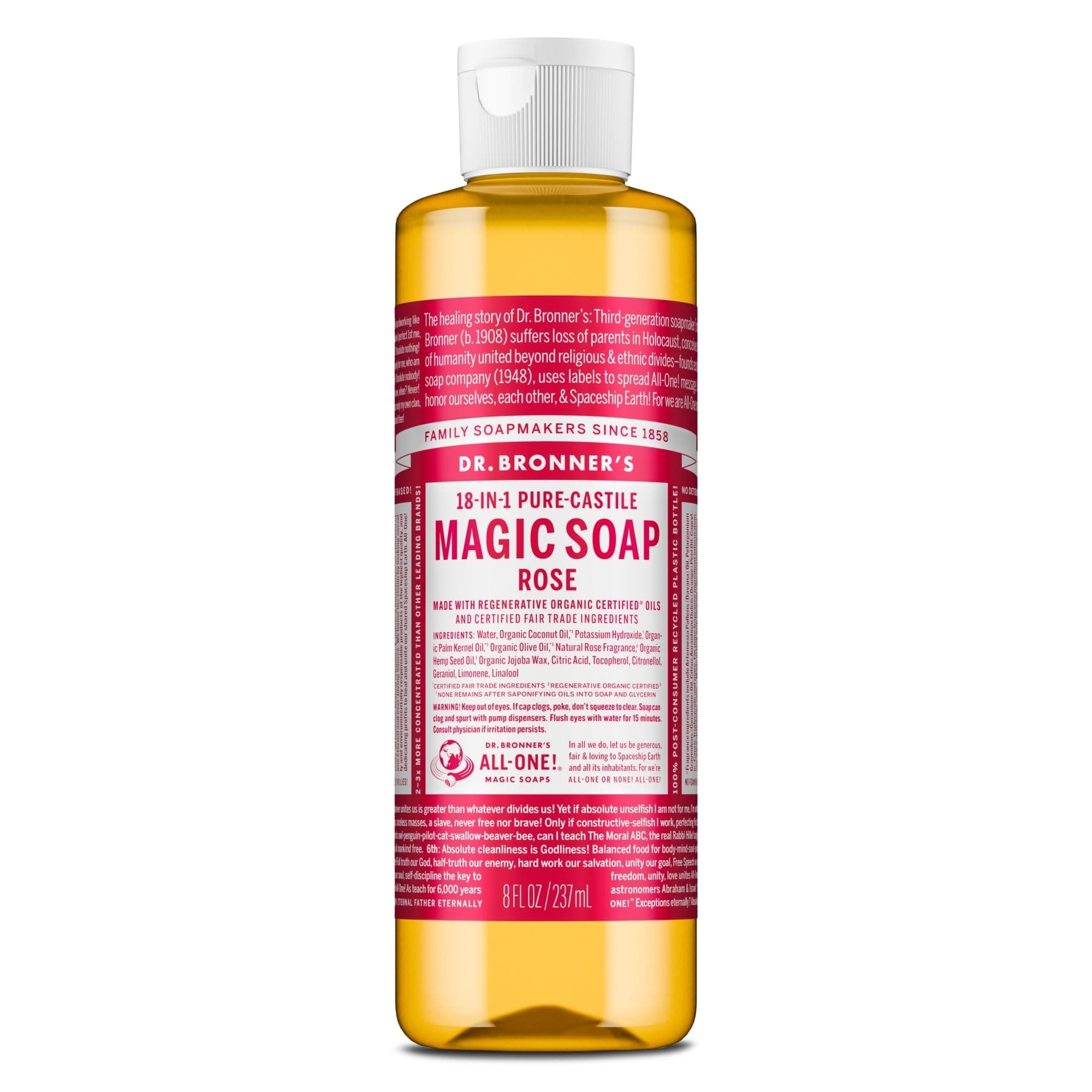 Dr. Bronnerââ‚¬â„¢s - Pure-Castile Liquid Soap (Rose) - Made with Organic Oils, 18-in-1 Uses: Face, Body, Hair, Laundry, Pets & Dishes, Concentrated, Vegan, Non-GMO (8 Fl Oz)