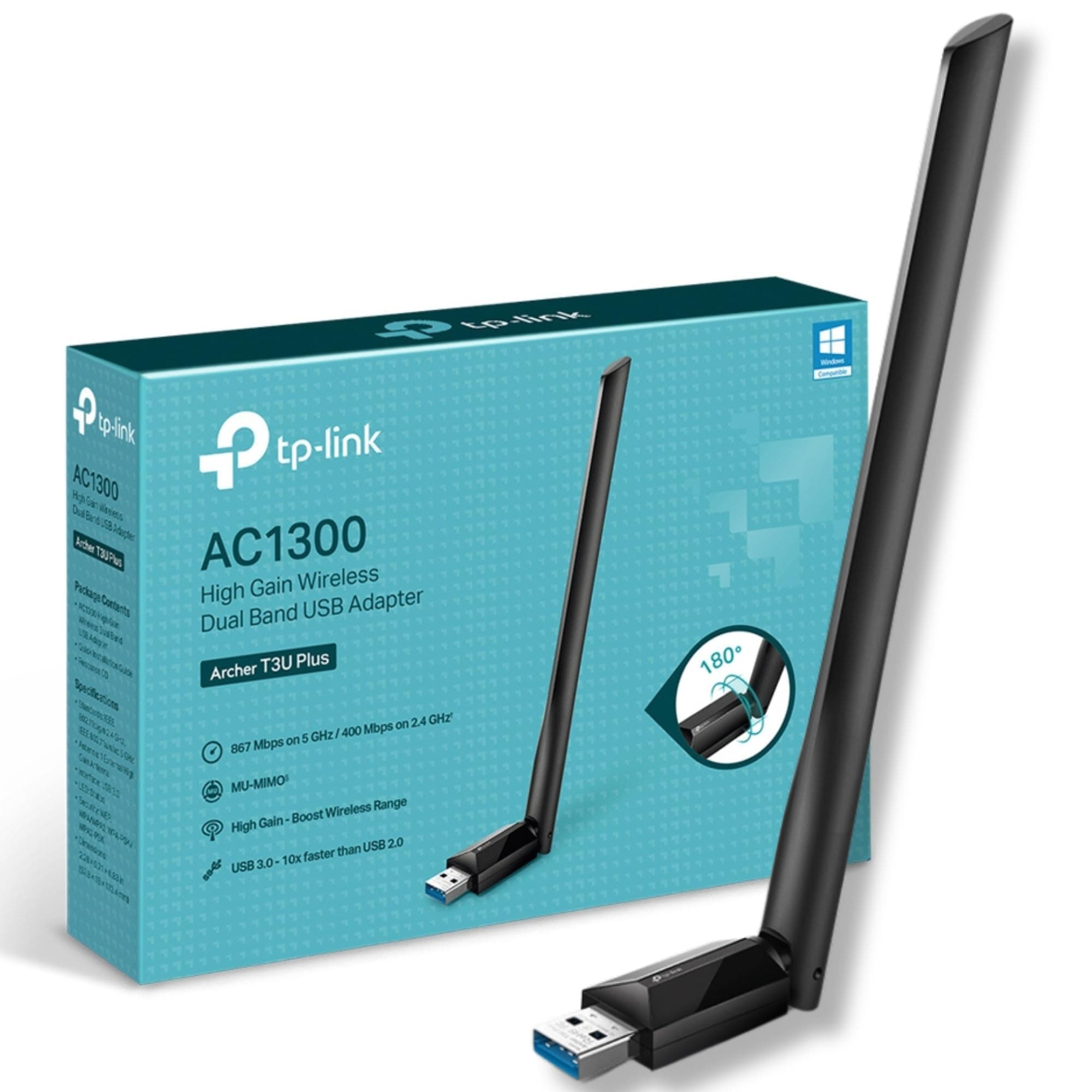 TP-LINK AC1300 High Gain USB 3.0 Wi-Fi Dongle, Dual Band MU-MIMO Wi-Fi Adapter with 5dBi Antenna for PC/Desktop/Laptop, Supports Windows 10/8.1/8/7 (Archer T3U Plus)