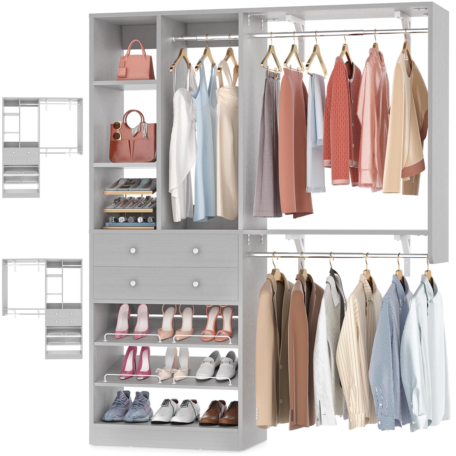 Closet System - 5FT Small Closet System with Drawers, 60" Closet Organizer System with Reversible Hanging Shelving, Closet Systems for Small/Walk-in Closets, Morandi Grey