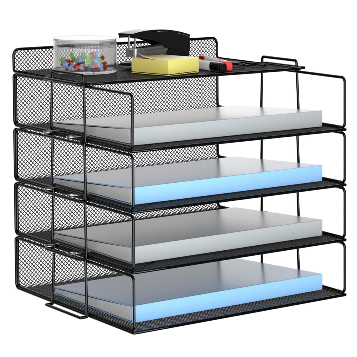 Desk Organizer, 4-Trays Desktop File Organizer, Stackable Letter Tray, Black Mesh Paper Tray Organizer for Desk, Office Supplies for School Home Office