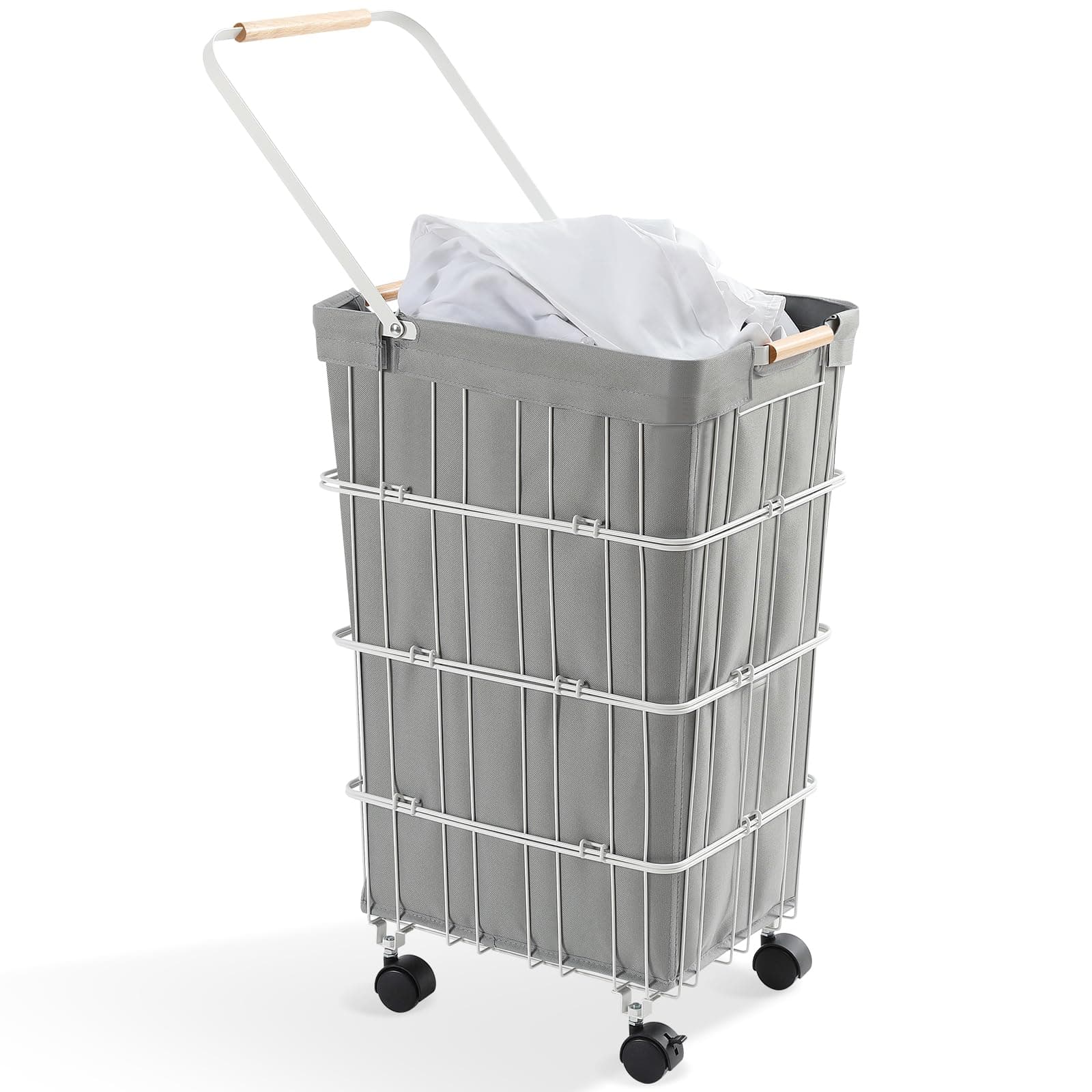 APEXCHASER Laundry Hamper, Large Laundry Basket with Wheels and Handle, Metal Frame Clothes Hamper for Bedrooms, Tall Laundry Bin with Cloth Covers