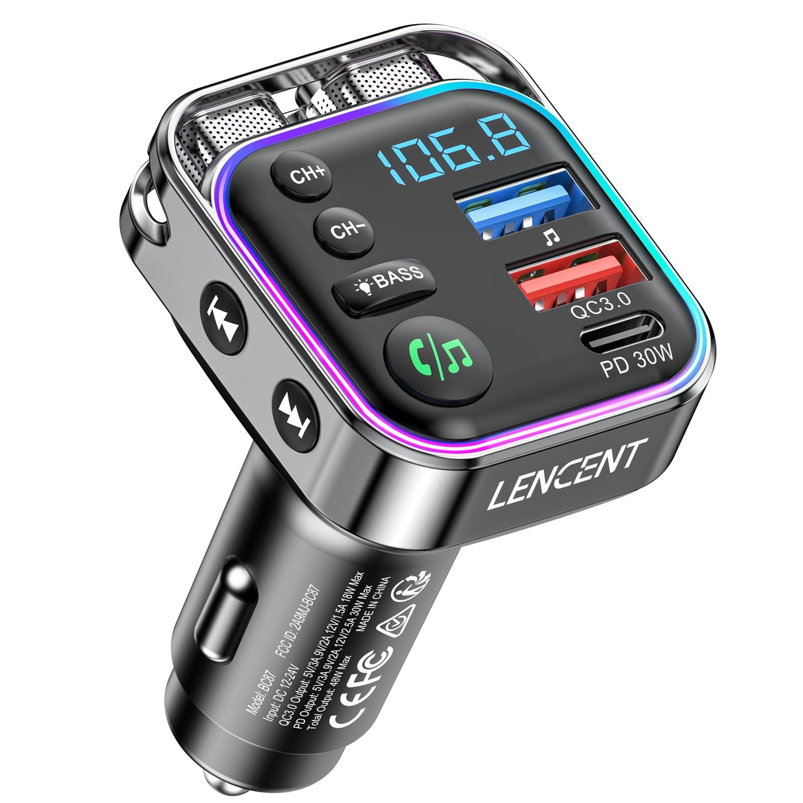 LENCENT Bluetooth 5.3 FM Transmitter,PD 30W & QC3.0 Fast Charger Bluetooth Car Adapter,Hi-Fi Music/Clear Calling Car FM Bluetooth Adapter