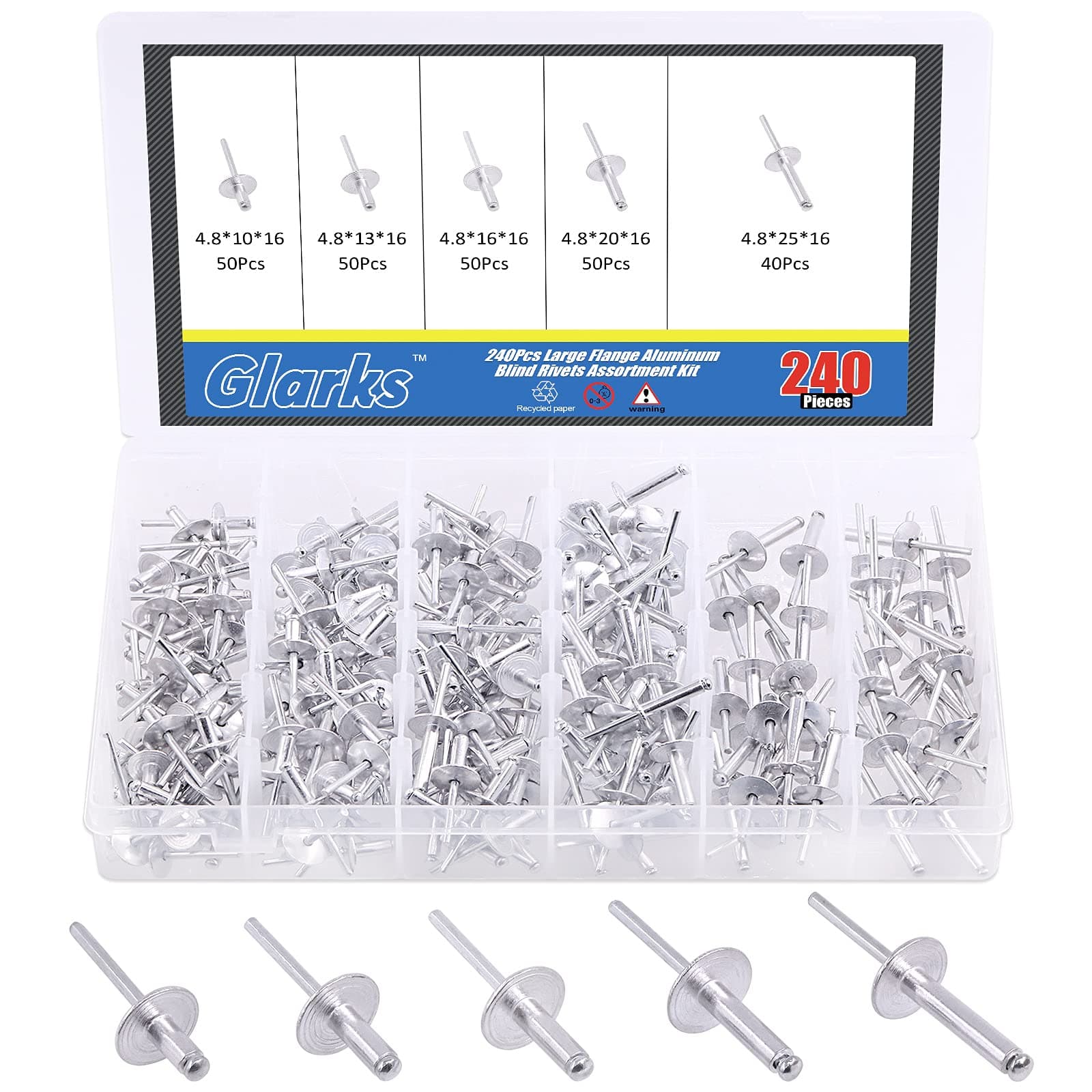 240Pcs 3/16" x 3/8'' / 1/2'' / 5/8'' / 3/4'' / 1'' Large Flange Blind Rivets 5 Szie Aluminum Pop Rivets Assortment Set