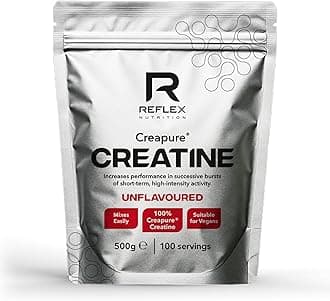Reflex Nutrition Creapure® Creatine Monohydrate Powder Unflavoured - 100% Creatine for Strength, Muscle Gains & Recovery - No Fillers or Additives - 500g (Vegan Creatine 5g per Serving, 100 Servings)