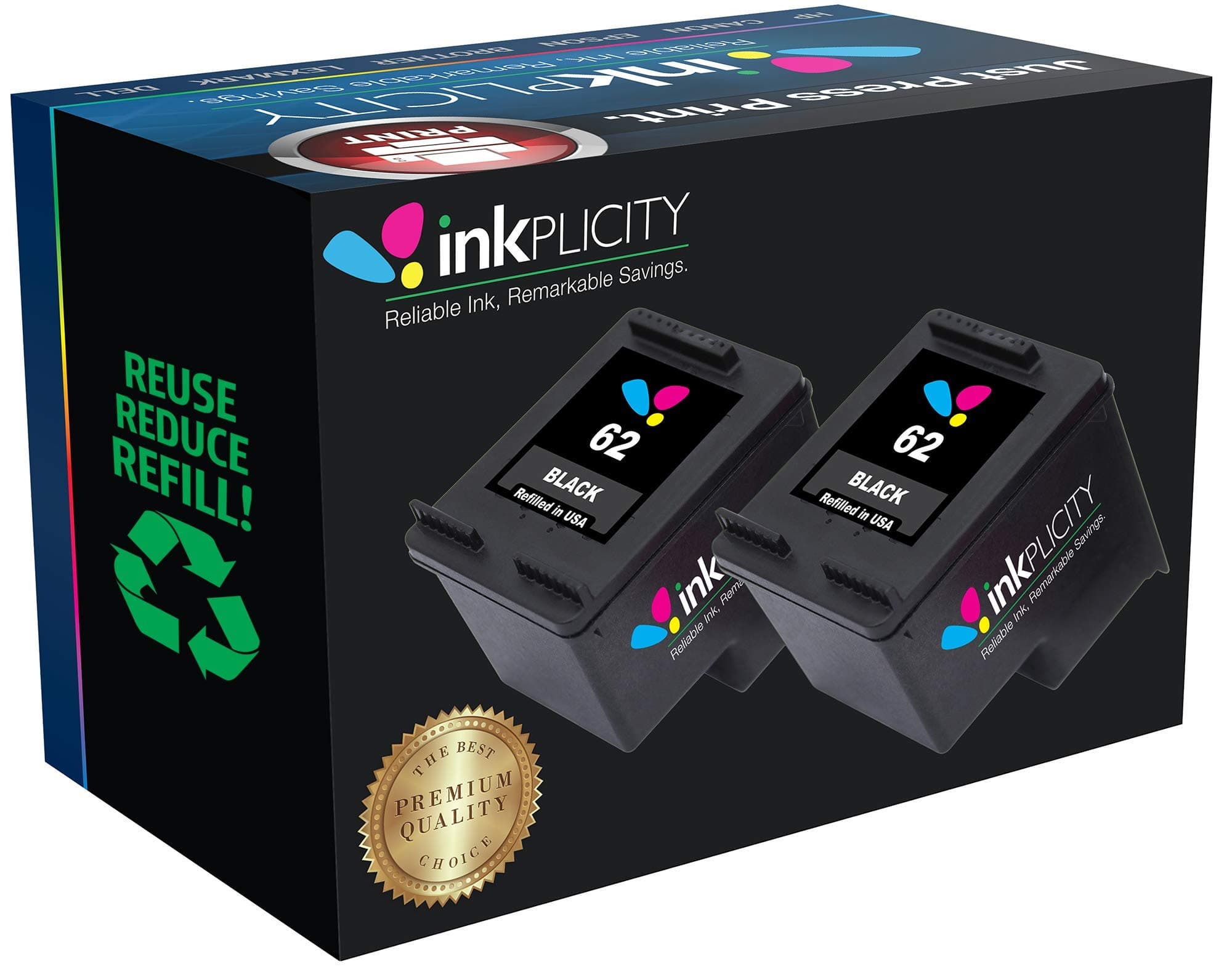 Refilled Ink Cartridge Replacement for HP 62 (Black, 2-Pack)