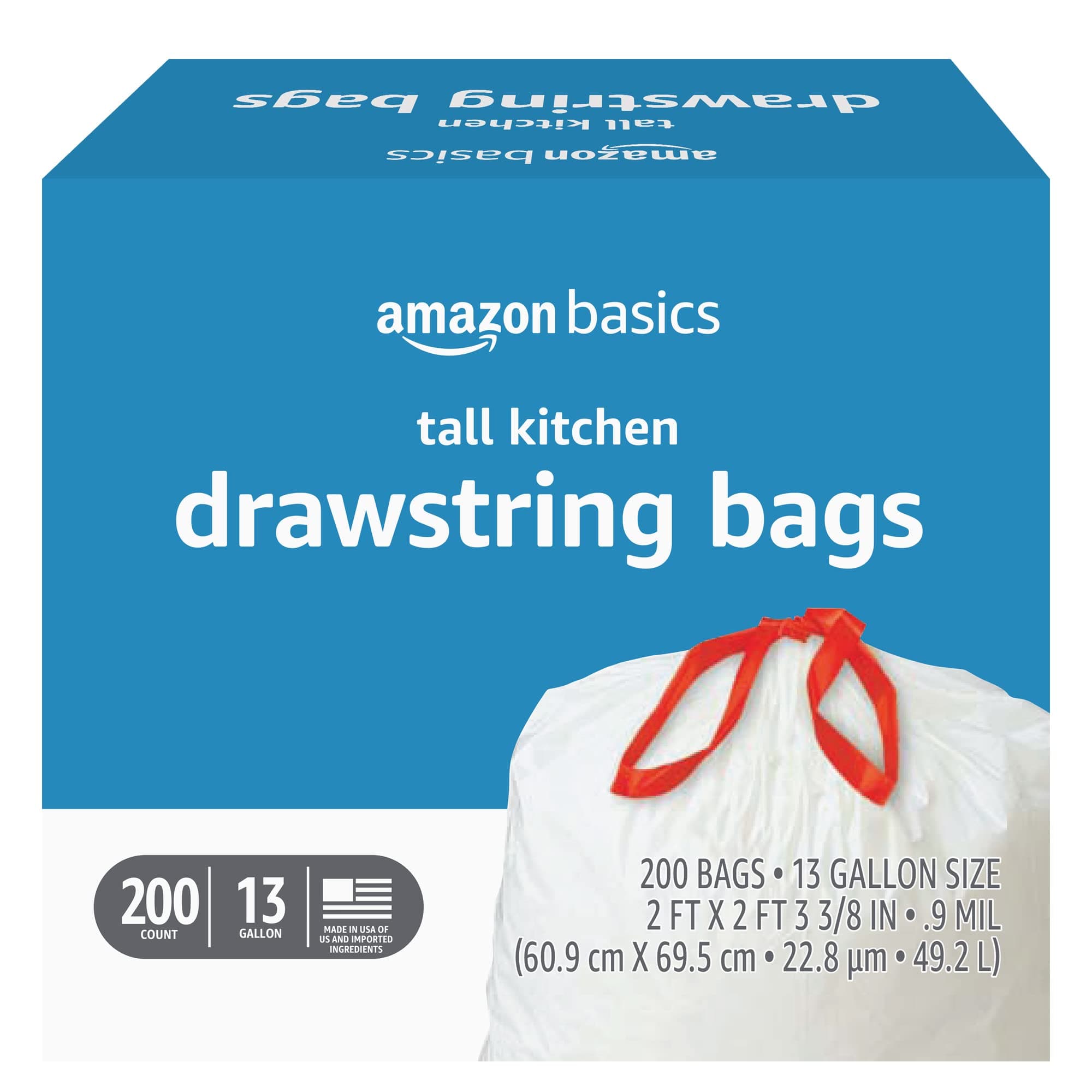 Amazon Basics Tall Kitchen Drawstring Trash Bags, Sturdy, 13 Gallon, Unscented, 200 Count